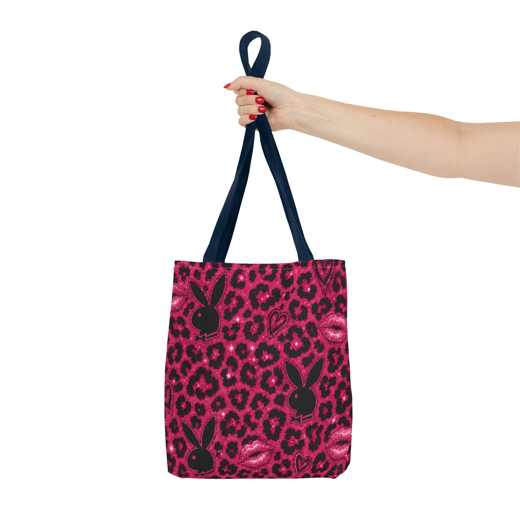 Pink Leopard Print Tote Bag with Black Bunny Silhouettes & Kiss Marks