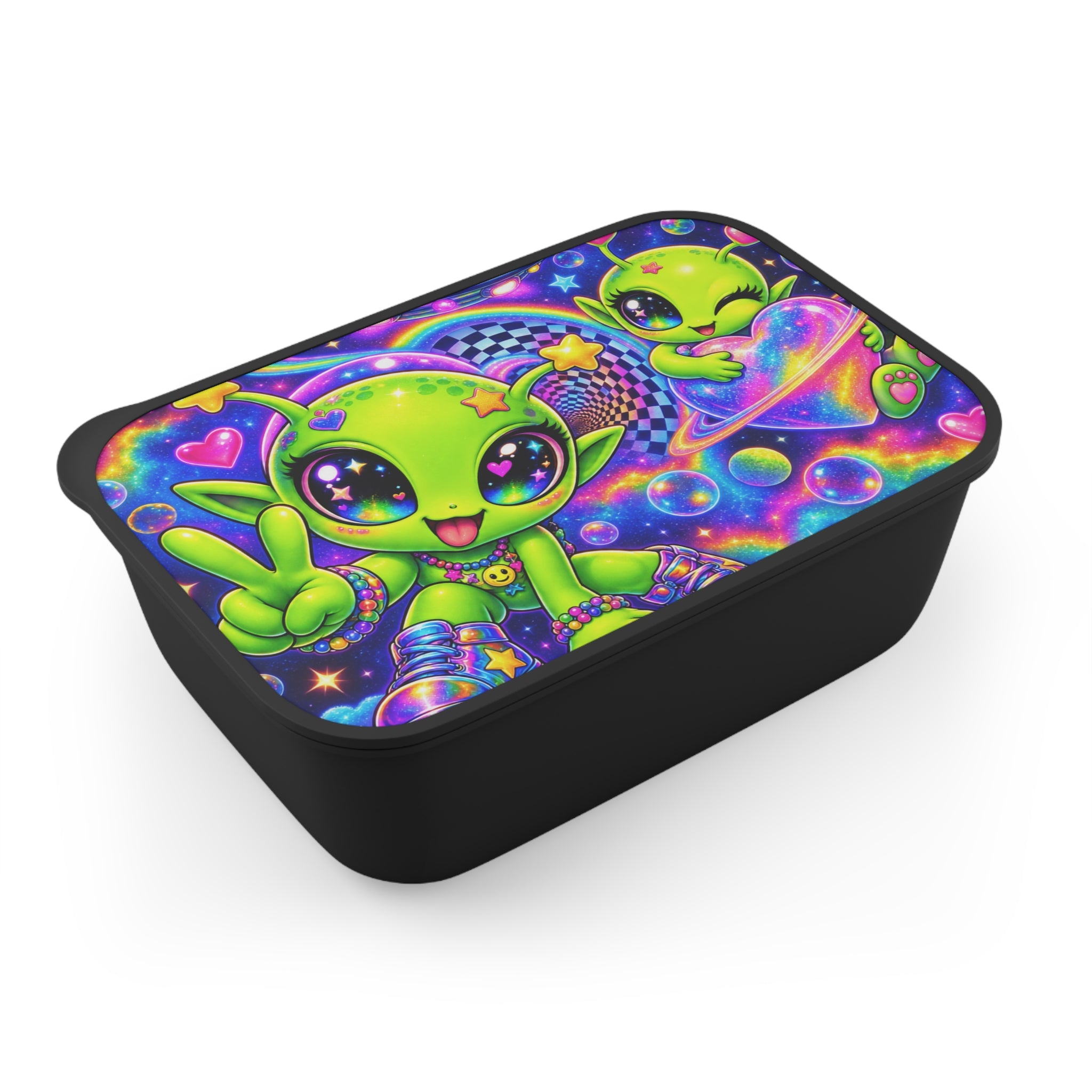 Alien Friends Bento Box — PLA Lunchbox with Utensils (Cute Neon Space Design)