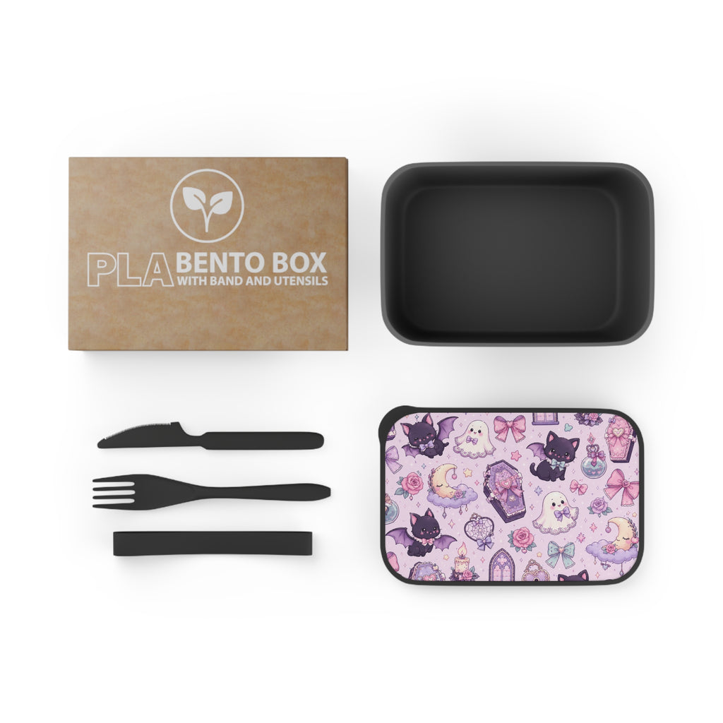 Kawaii Gothic Bento Box with Utensils — Cute Bat & Ghost Lunch Container