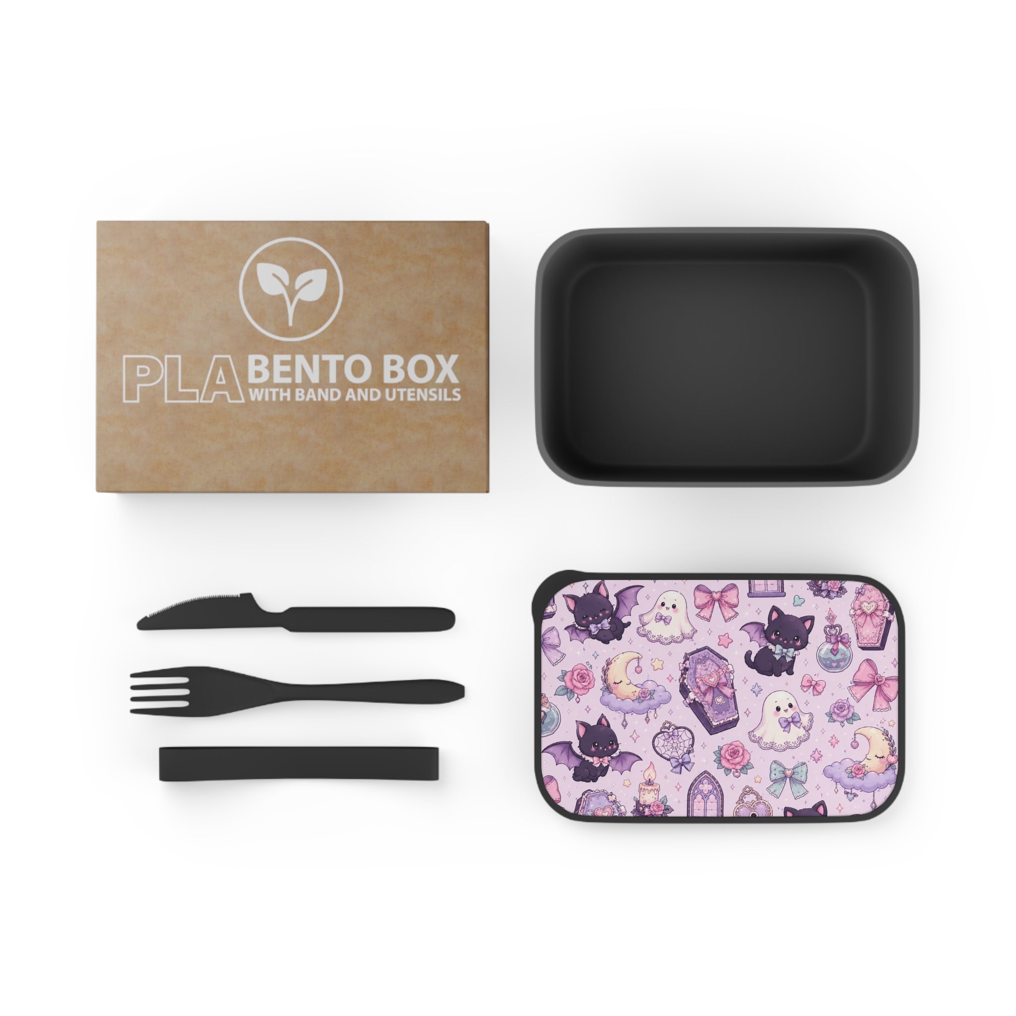 Kawaii Gothic Bento Box with Utensils — Cute Bat & Ghost Lunch Container
