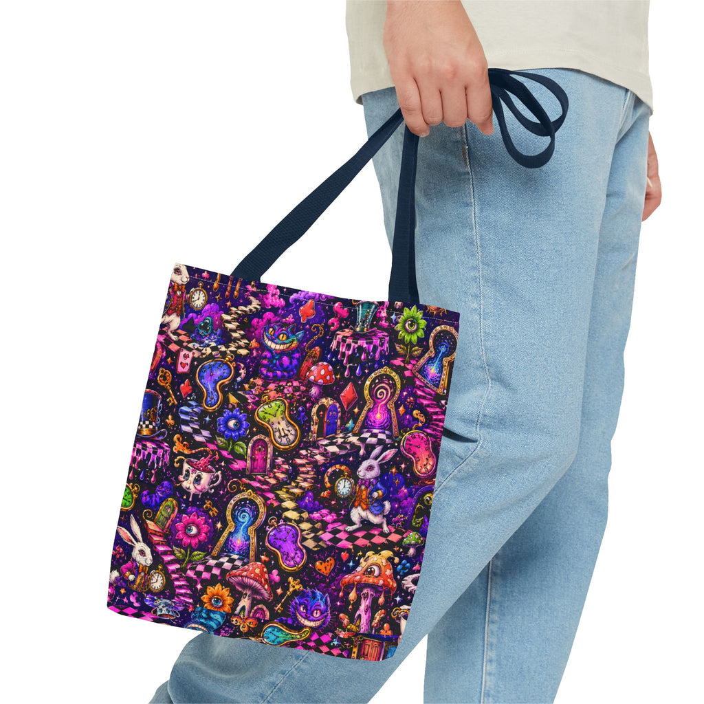 Psychedelic Mushroom Pattern Tote Bag — Colorful Trippy All-Over Print Tote
