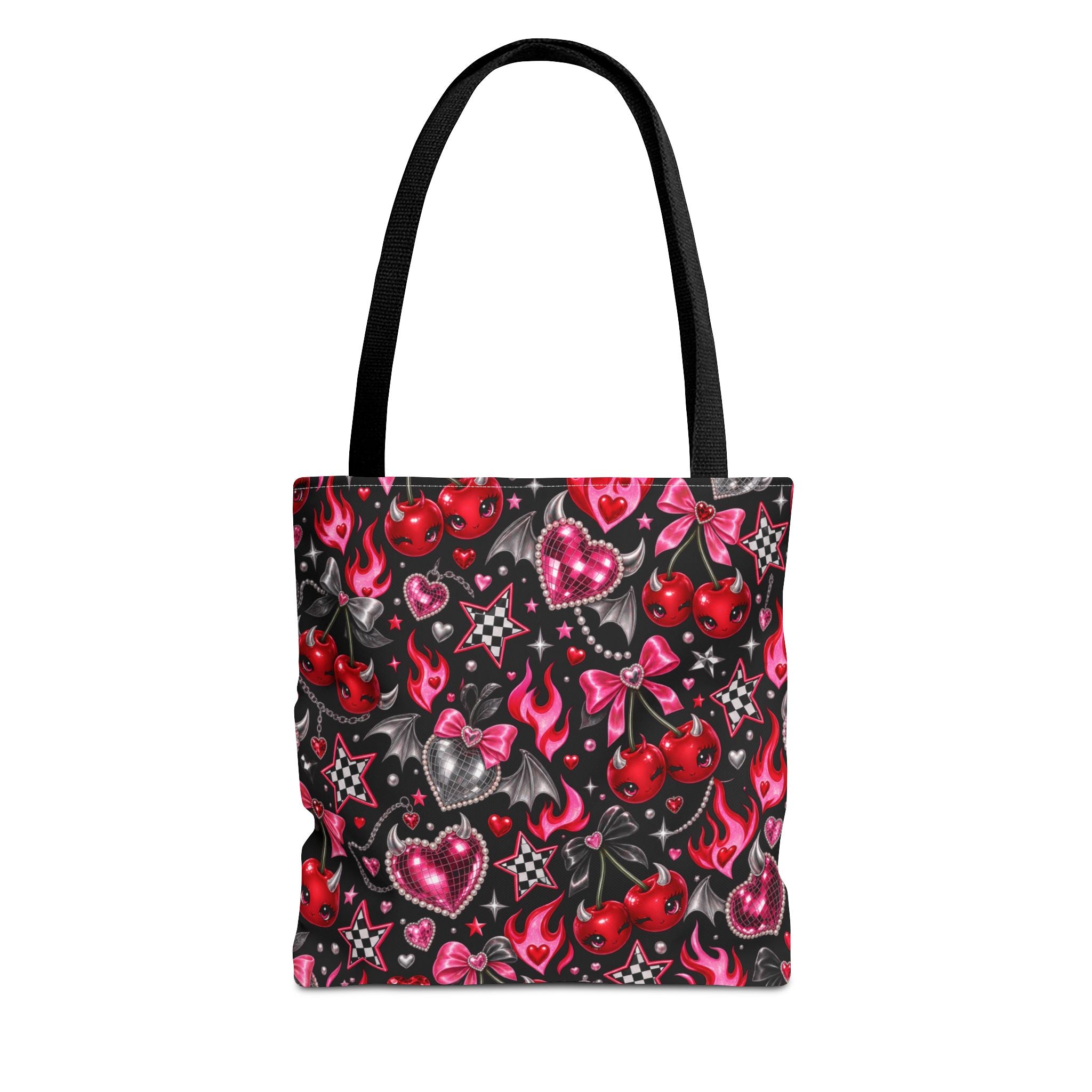 Cherry Hearts Pattern Tote Bag — Retro Kawaii Flaming Hearts & Bows AOP Tote