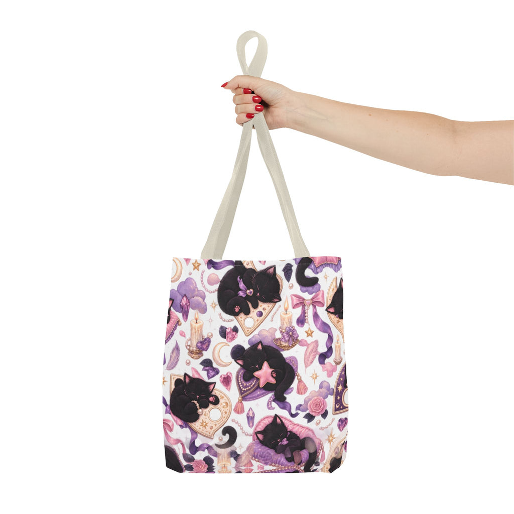 Magical Black Cat Pattern Tote Bag – Cute Witchy Moon & Stars All-Over Print
