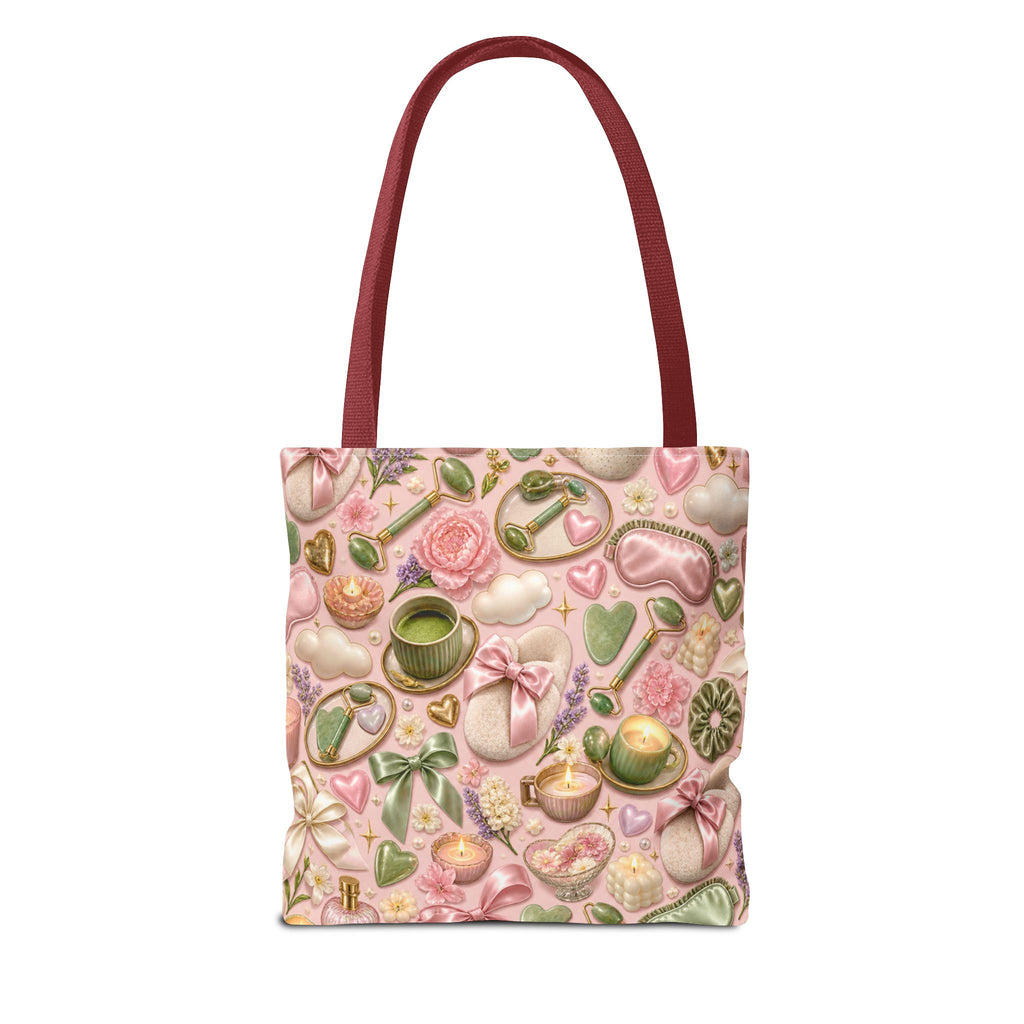 Spa Day Pattern Tote Bag – Pink Self-Care AOP Tote with Tea, Candles & Masks