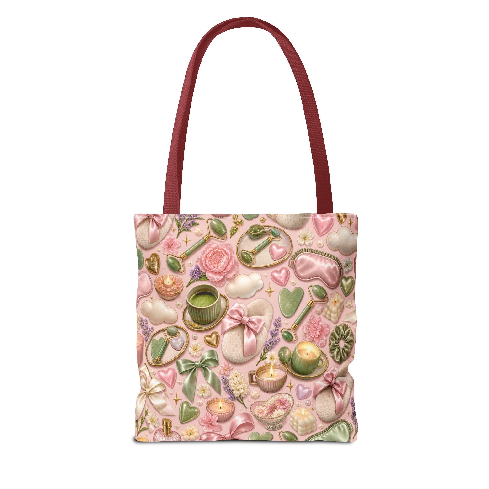Spa Day Pattern Tote Bag – Pink Self-Care AOP Tote with Tea, Candles & Masks