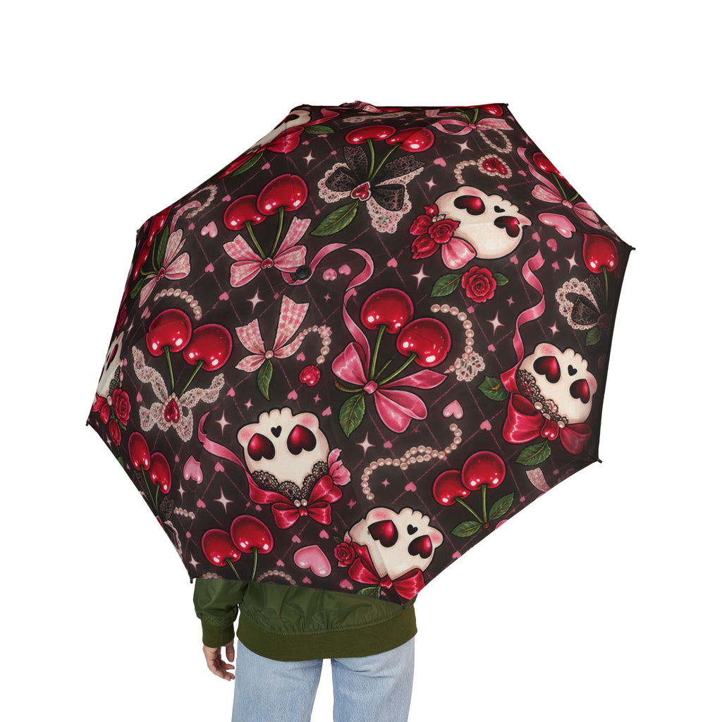 Foldable Umbrella — Gothic Cherry & Skull Pattern, Compact Semi‑Automatic Rain Umbrella