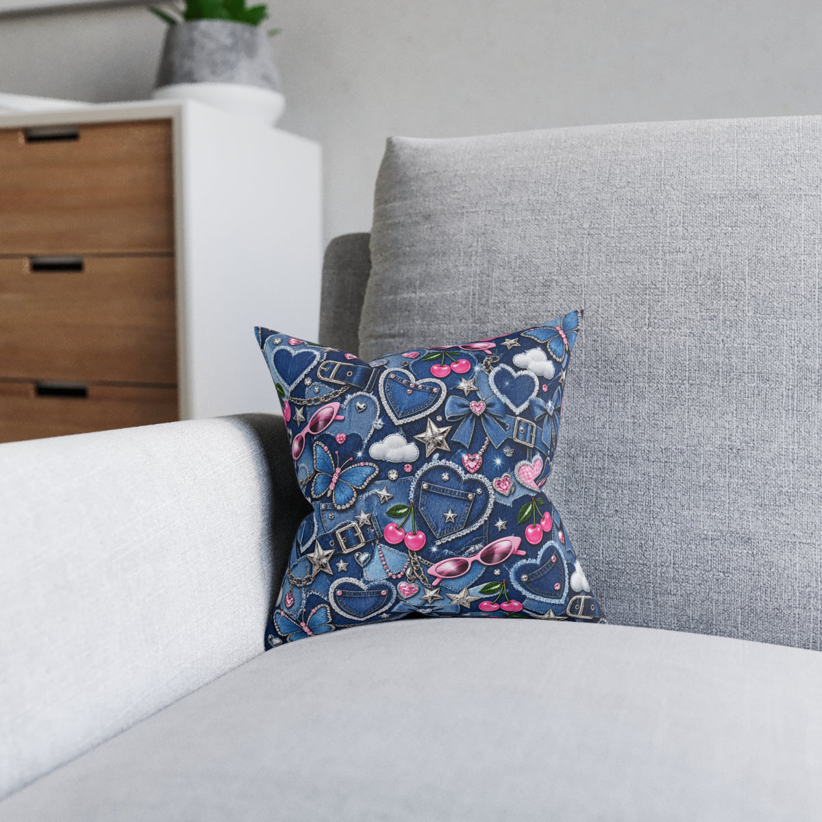 Y2K Denim Love Square Pillow Blue