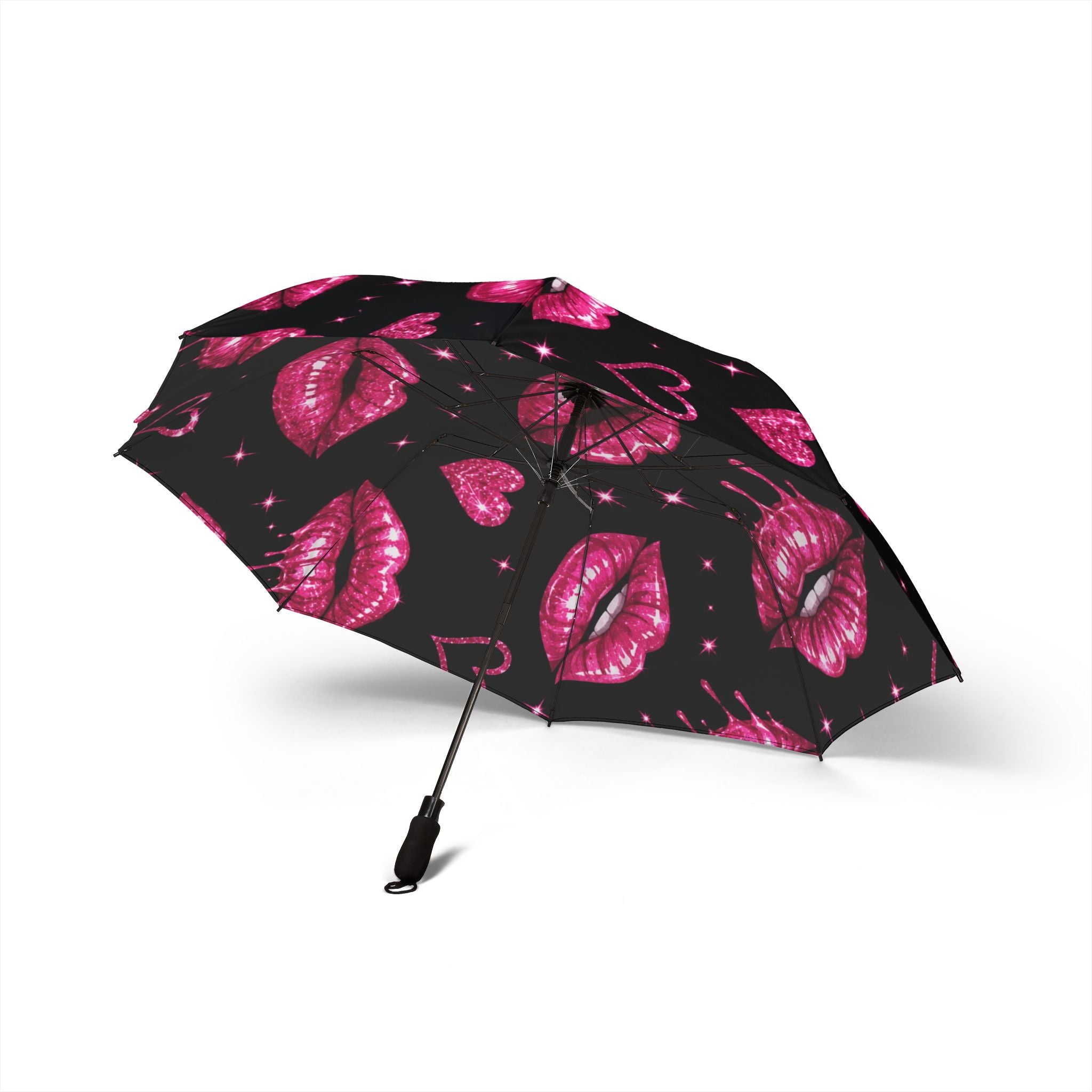 Compact Umbrella — Pink Lip Print Foldable Travel Umbrella (Semi‑Automatic)