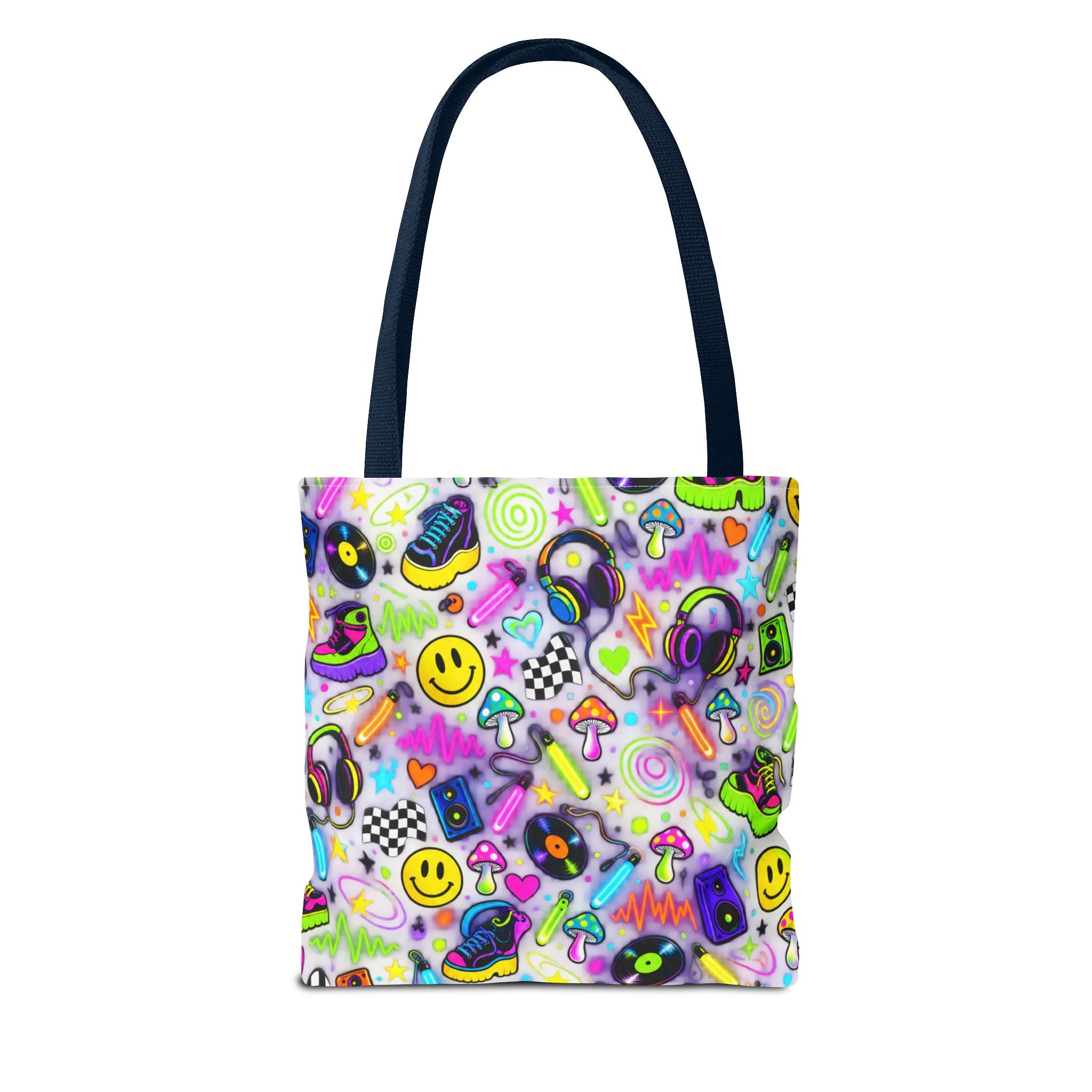 Neon 90s Sticker Collage Tote Bag — Retro Smileys, Records & Psychedelic Icons AOP