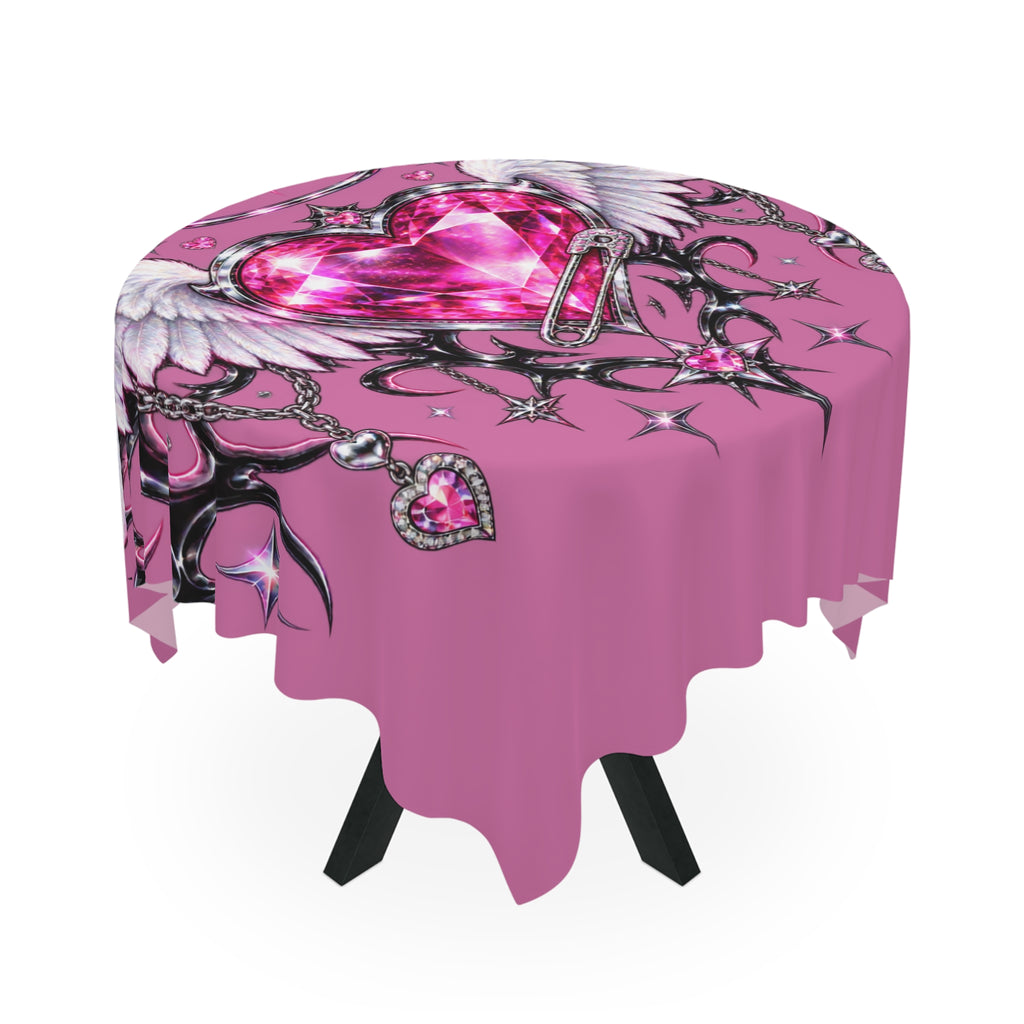 Pink Winged Heart Tablecloth — Gemstone Angel Heart Table Cover for Valentine’s Decor