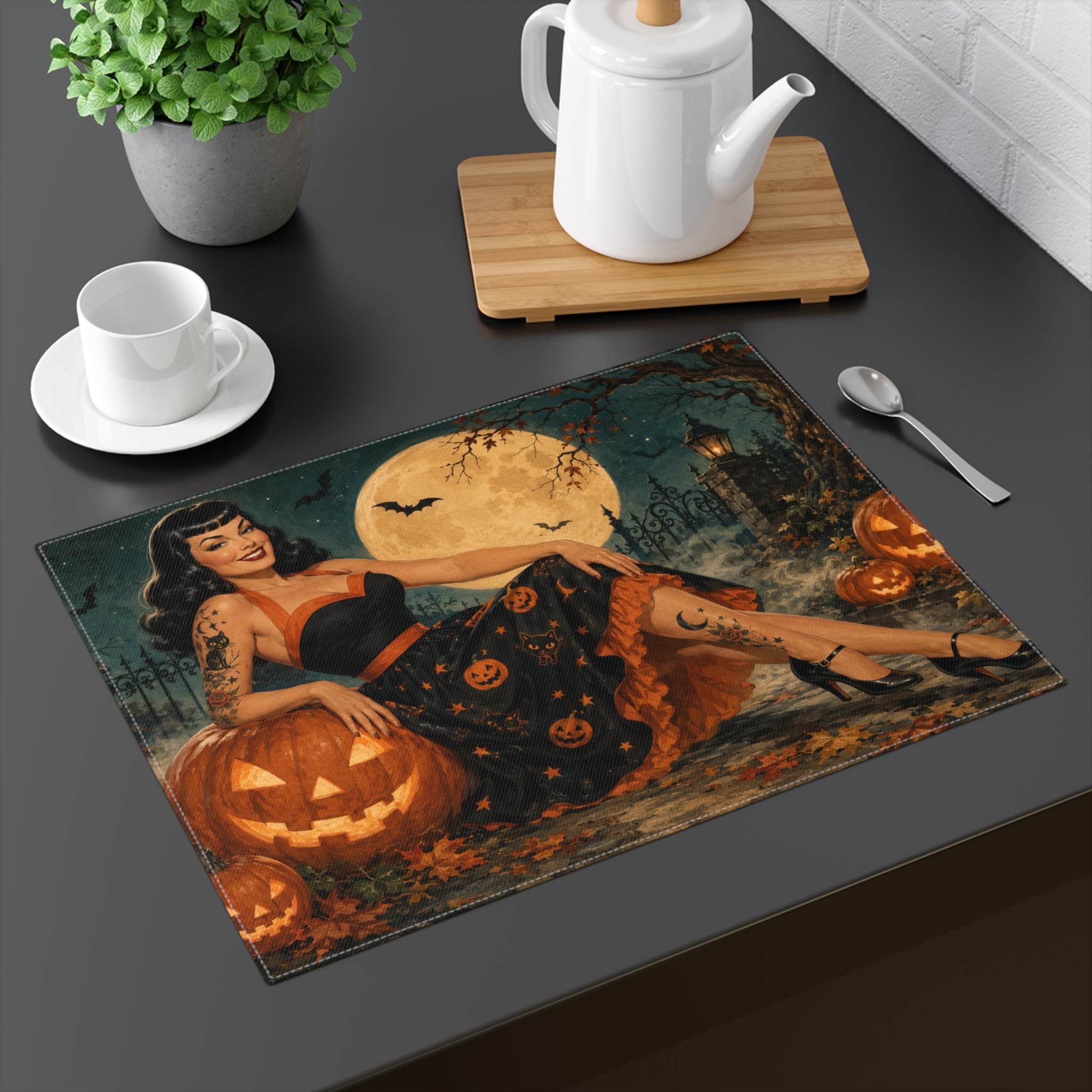 Halloween Pinup Placemat — Retro Pumpkin & Full Moon Table Mat