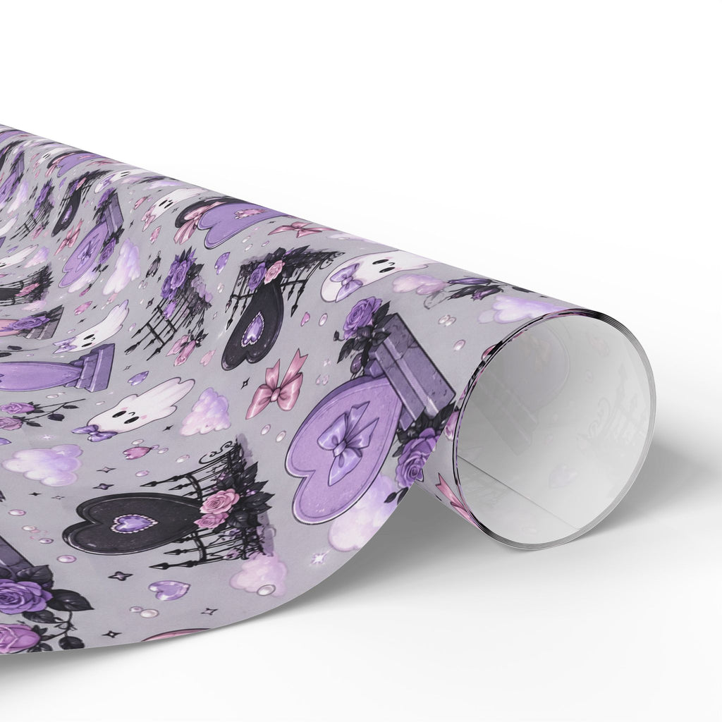Gothic Cute Lavender Wrapping Paper – Purple Skull, Heart & Rose Pattern
