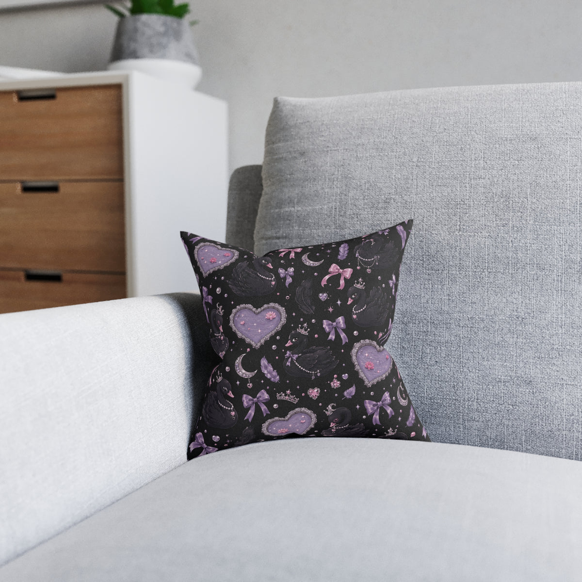 Soft Goth Swans Square Pillow Black