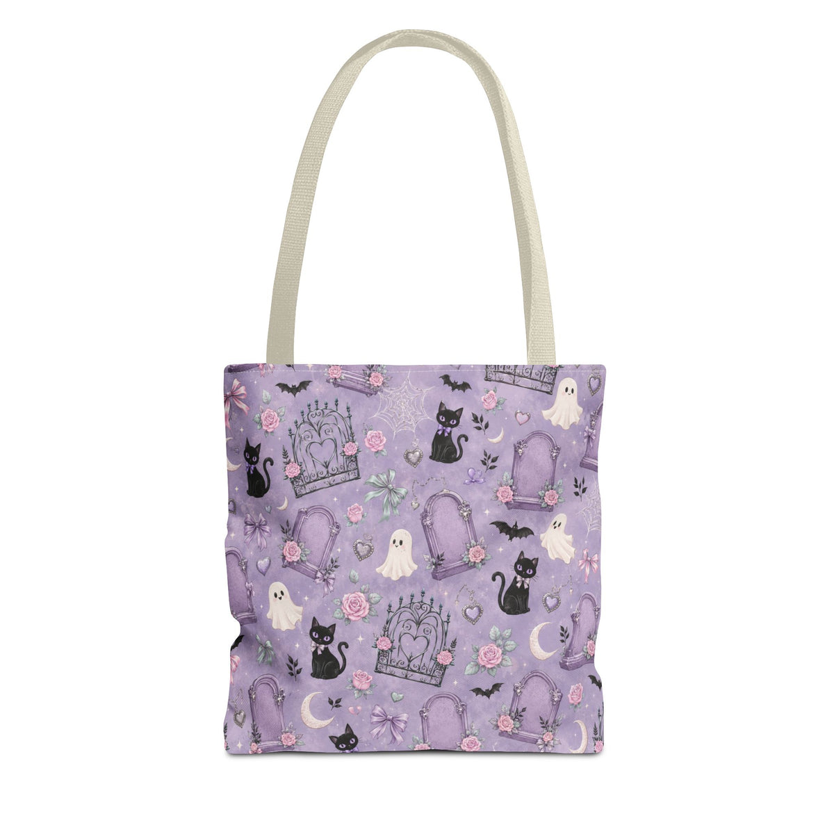 Kawaii Cute Ghost & Black Cat Tote Bag – Purple Cemetery Pattern