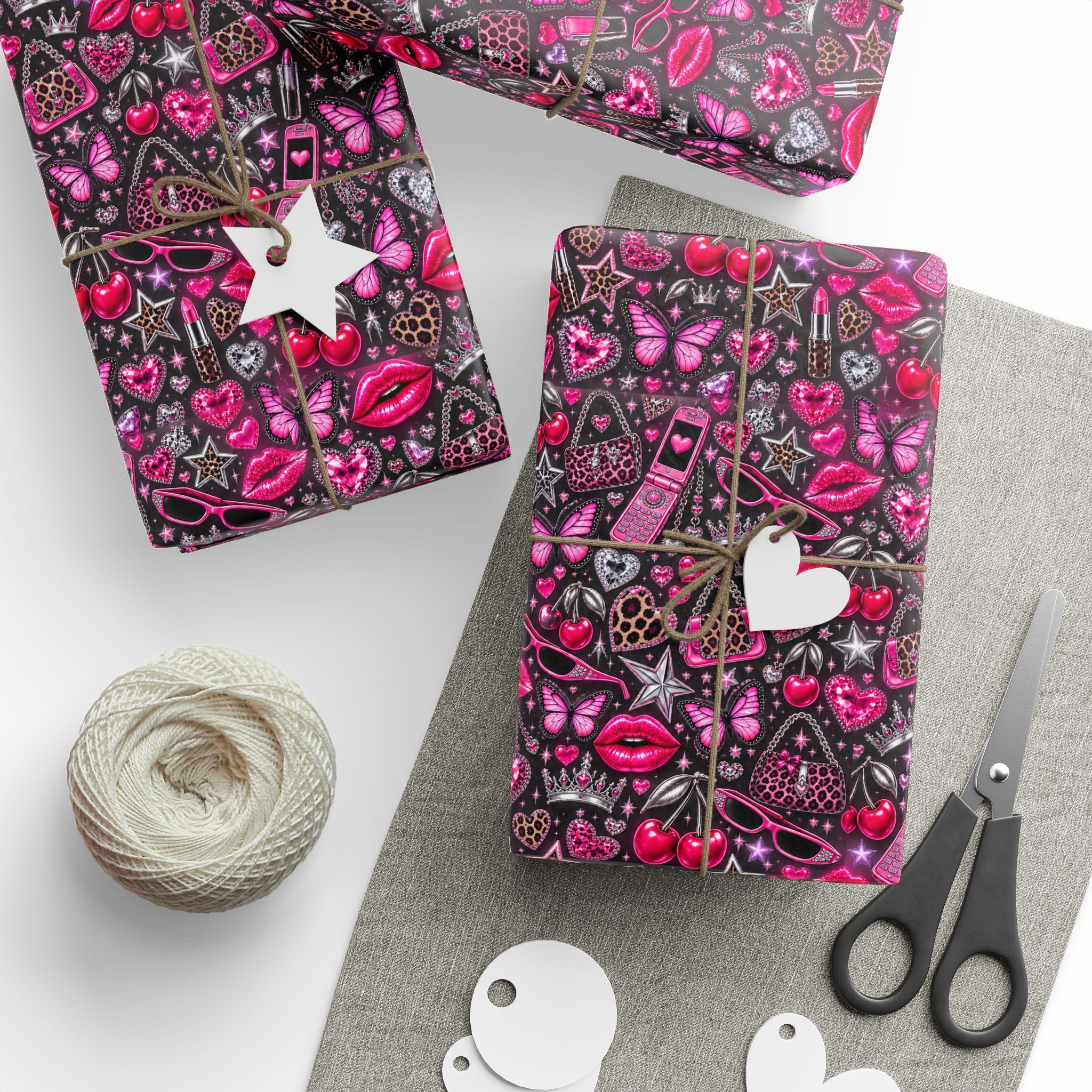 Y2K Hearts & Butterflies Wrapping Paper — Pink Romantic Gift Wrap