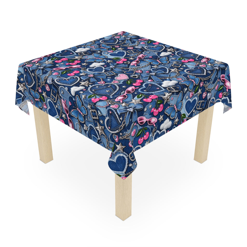 Y2K Denim Love Tablecloth Blue