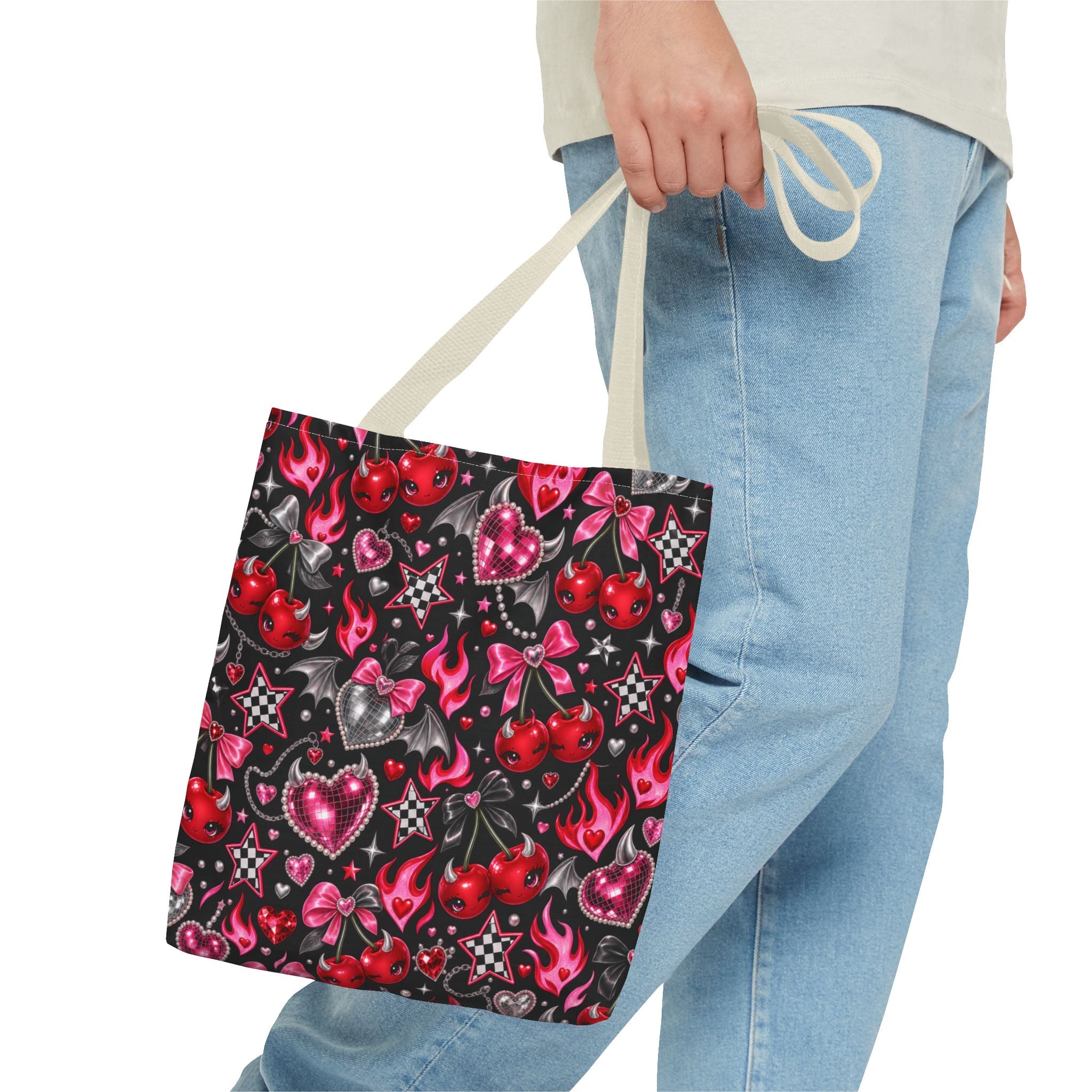 Cherry Hearts Pattern Tote Bag — Retro Kawaii Flaming Hearts & Bows AOP Tote
