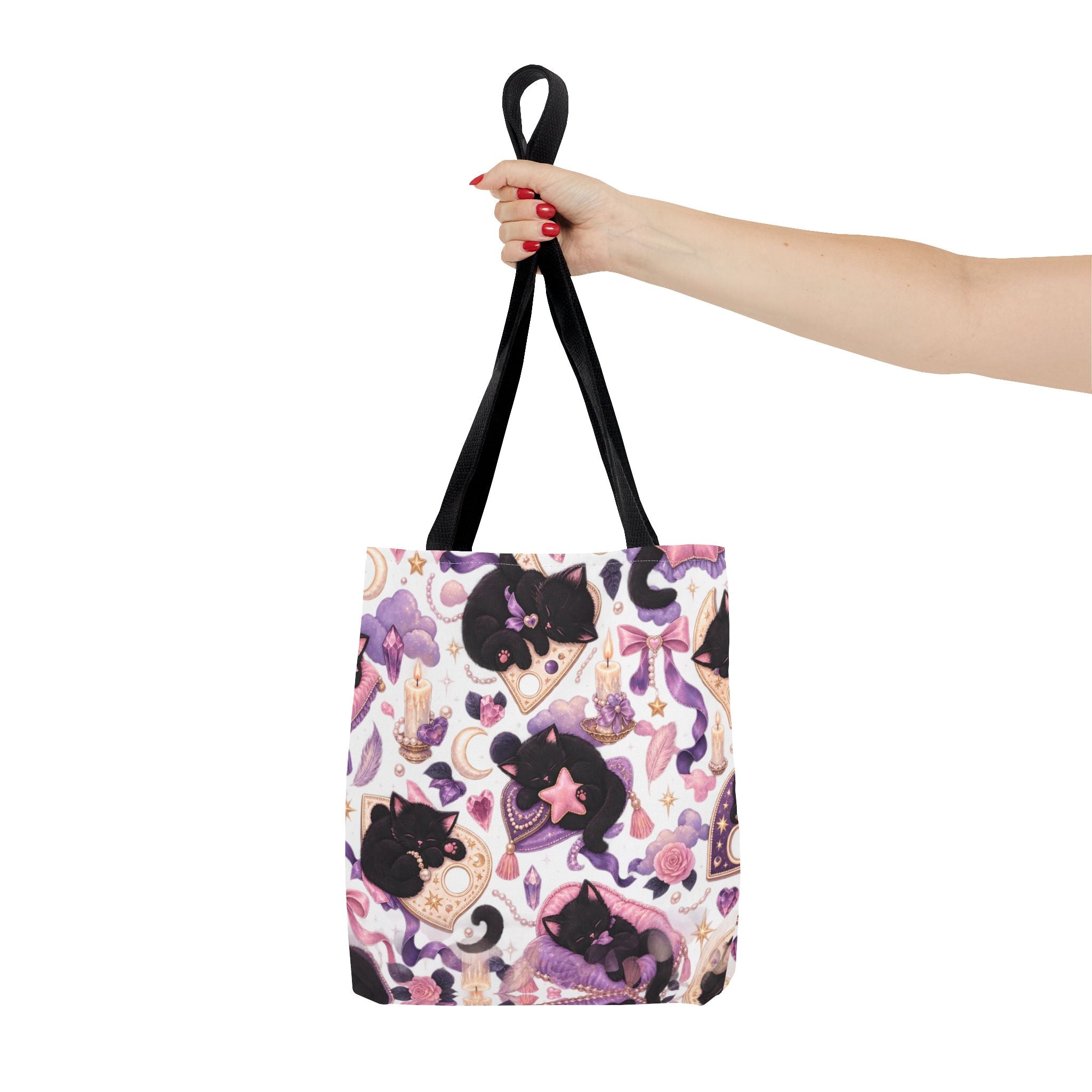 Magical Black Cat Pattern Tote Bag – Cute Witchy Moon & Stars All-Over Print