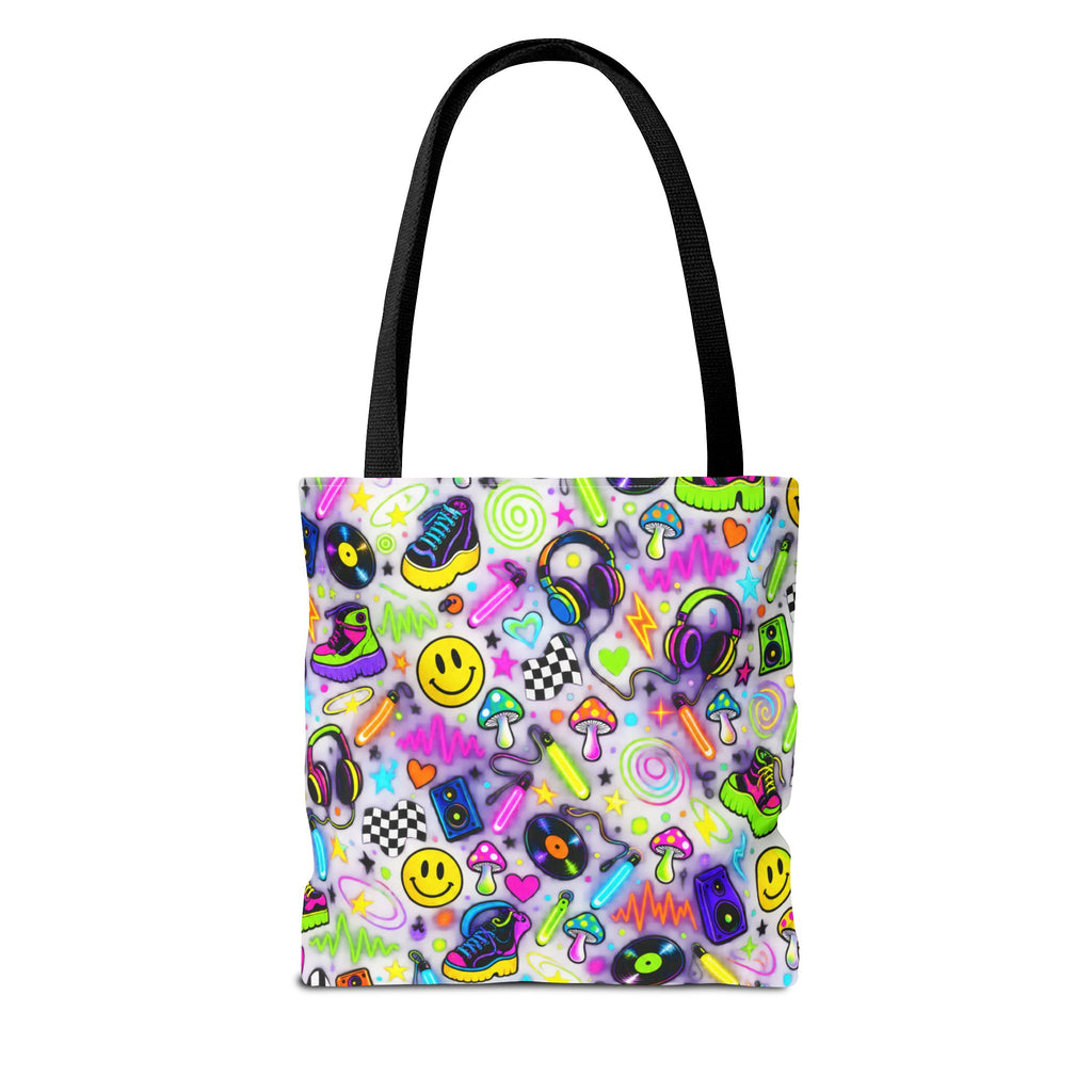 Neon 90s Sticker Collage Tote Bag — Retro Smileys, Records & Psychedelic Icons AOP