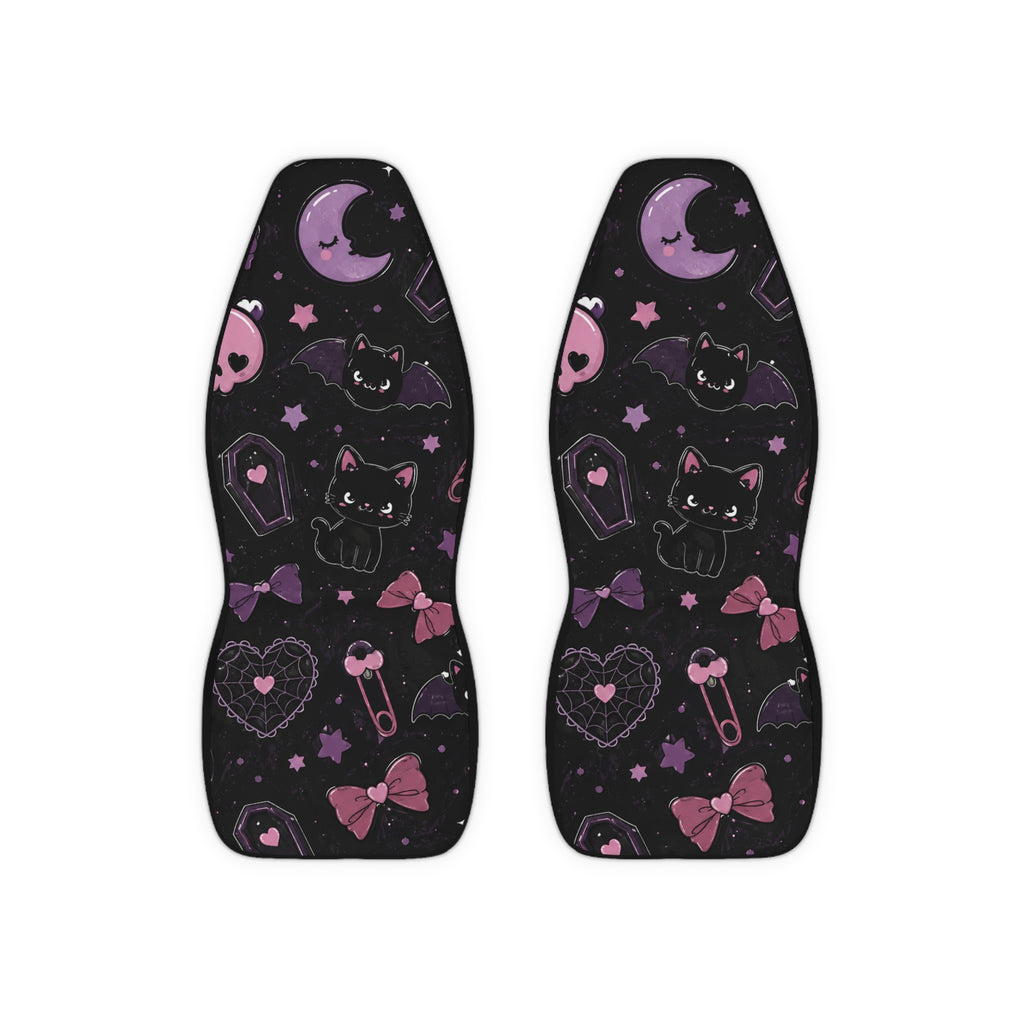 Gothic Kawaii Cat Car Seat Covers — Purple Moon & Coffin Polyester Protector
