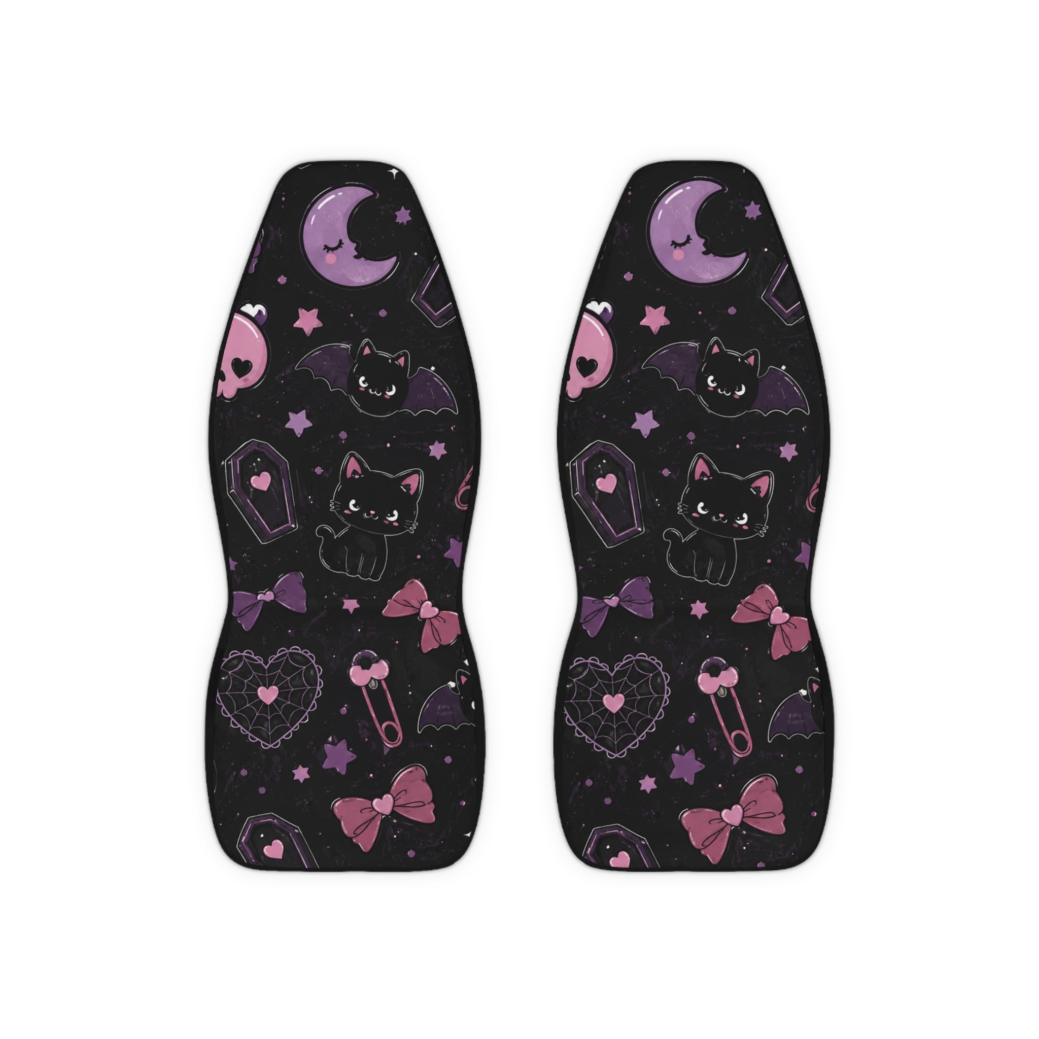 Gothic Kawaii Cat Car Seat Covers — Purple Moon & Coffin Polyester Protector