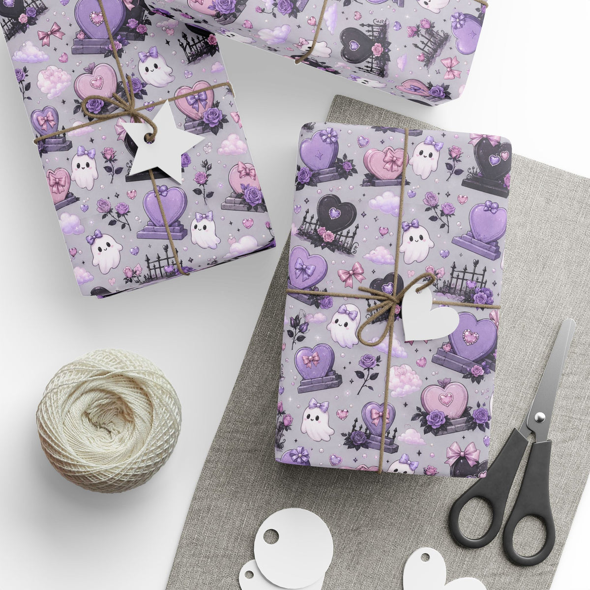 Gothic Cute Lavender Wrapping Paper – Purple Skull, Heart & Rose Pattern