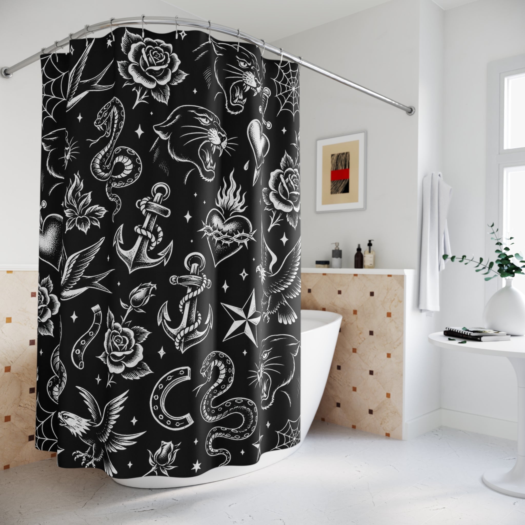 Traditional Tattoo Shower Curtain Black & White