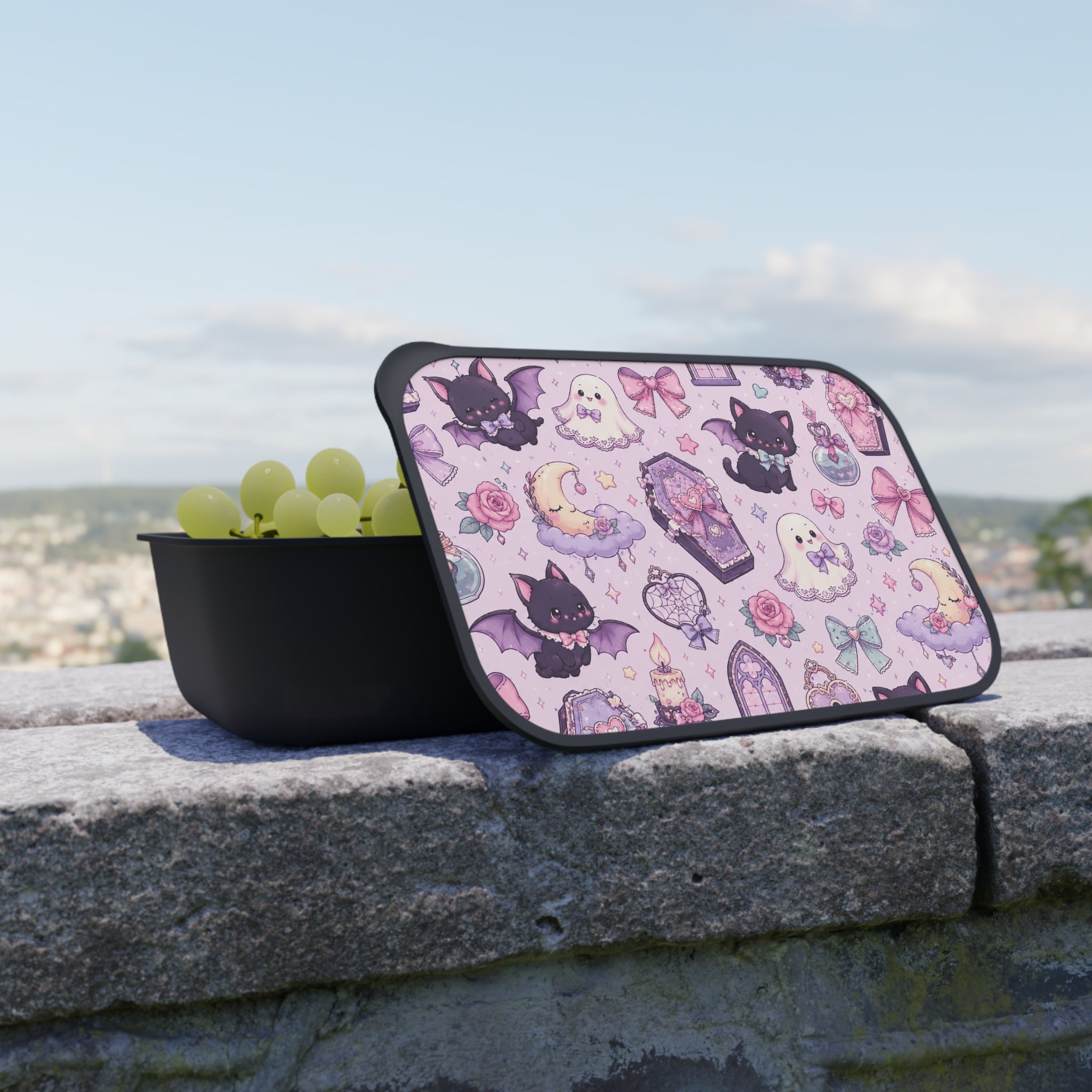 Kawaii Gothic Bento Box with Utensils — Cute Bat & Ghost Lunch Container
