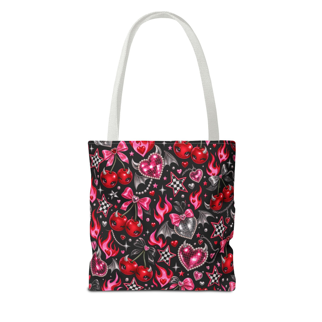 Cherry Hearts Pattern Tote Bag — Retro Kawaii Flaming Hearts & Bows AOP Tote
