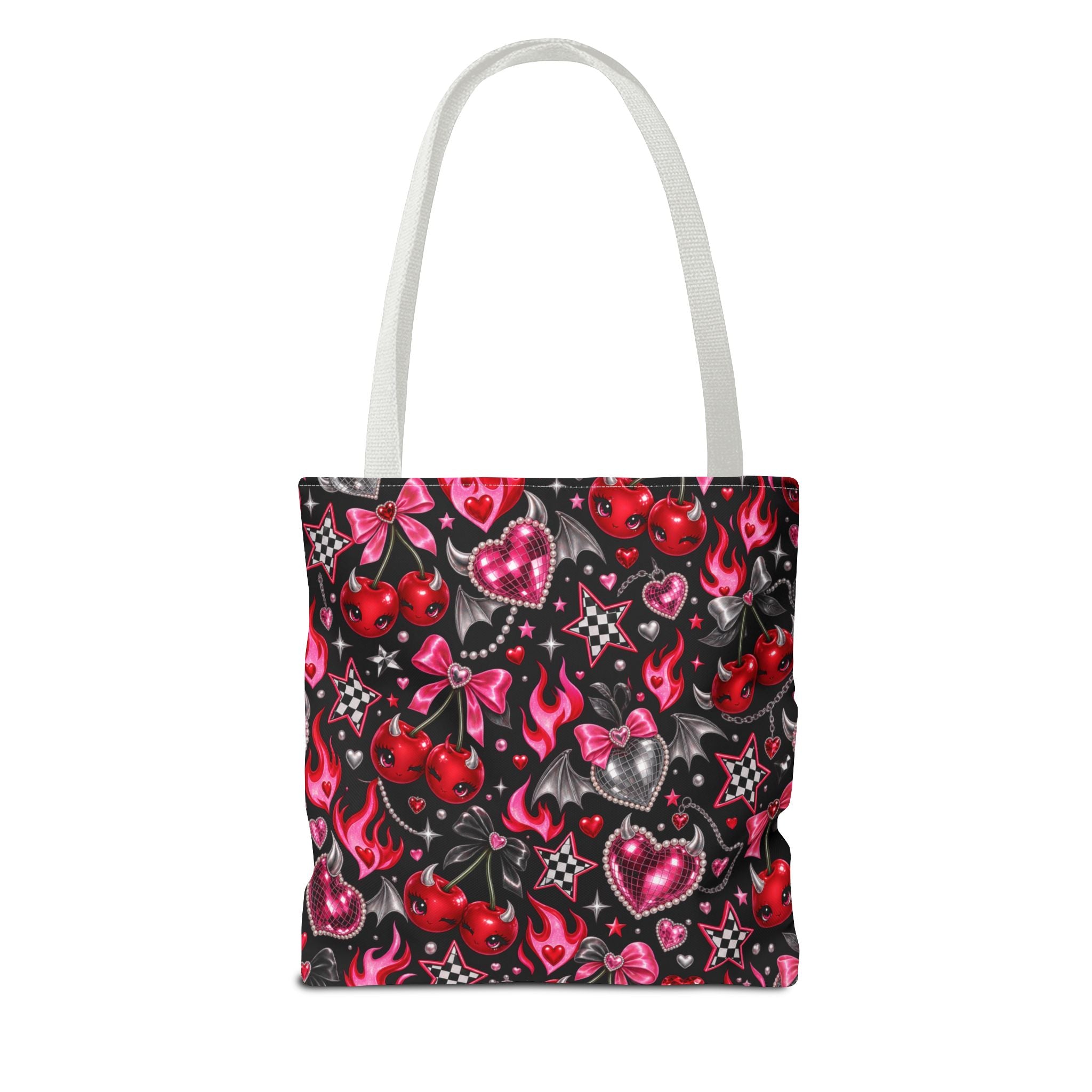 Cherry Hearts Pattern Tote Bag — Retro Kawaii Flaming Hearts & Bows AOP Tote