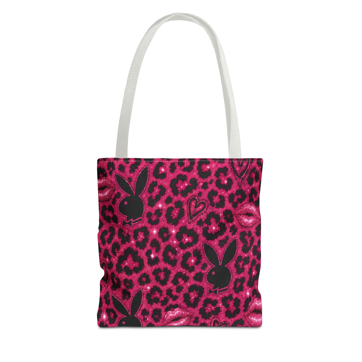 Pink Leopard Print Tote Bag with Black Bunny Silhouettes & Kisses