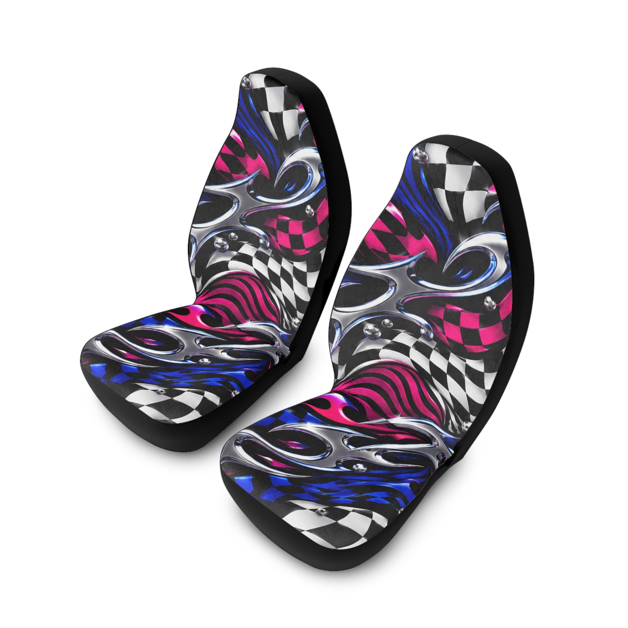 Racing Vibes Polyester Car Seat Covers – Checkered Flame Graphic