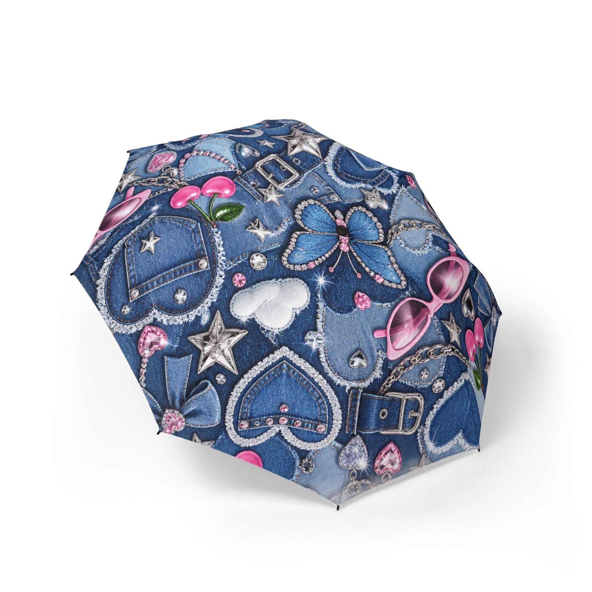 Foldable Umbrella — Denim Hearts & Bows Pattern, Semi-Automatic Compact Travel Umbrella