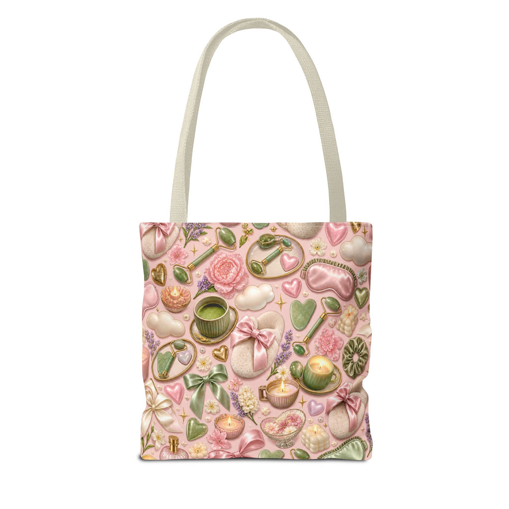 Spa Day Pattern Tote Bag – Pink Self-Care AOP Tote with Tea, Candles & Masks