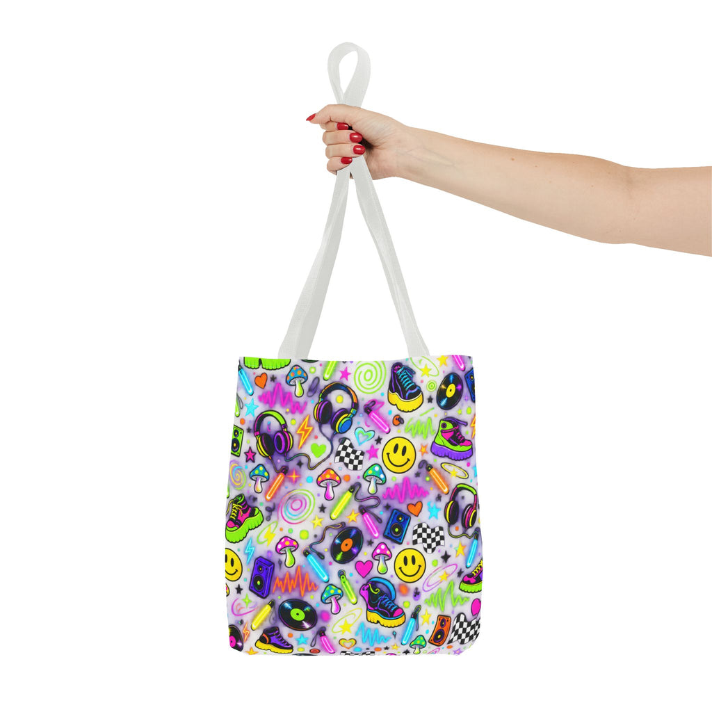 Neon 90s Sticker Collage Tote Bag — Retro Smileys, Records & Psychedelic Icons AOP