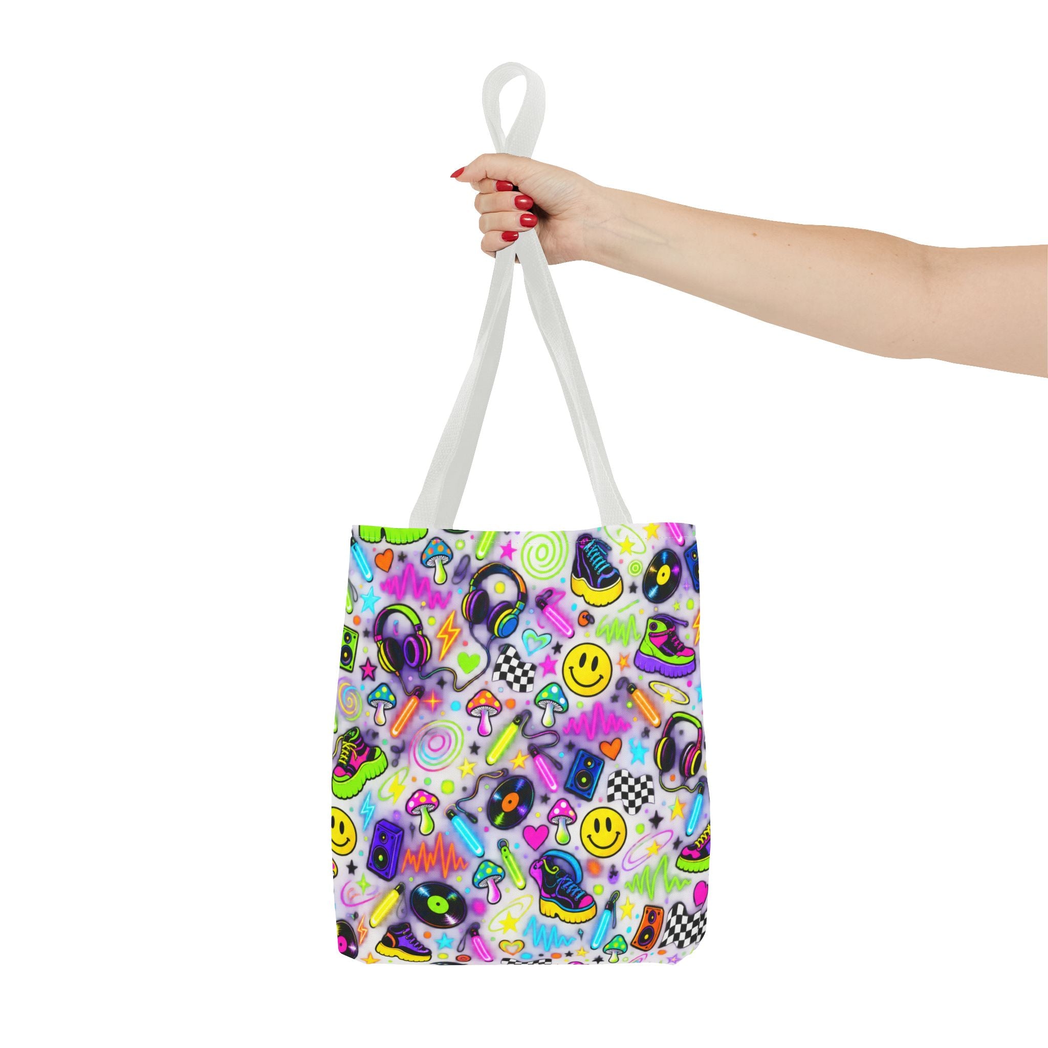 Neon 90s Sticker Collage Tote Bag — Retro Smileys, Records & Psychedelic Icons AOP