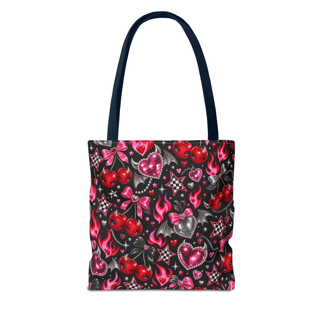 Cherry Hearts Pattern Tote Bag — Retro Kawaii Flaming Hearts & Bows AOP Tote