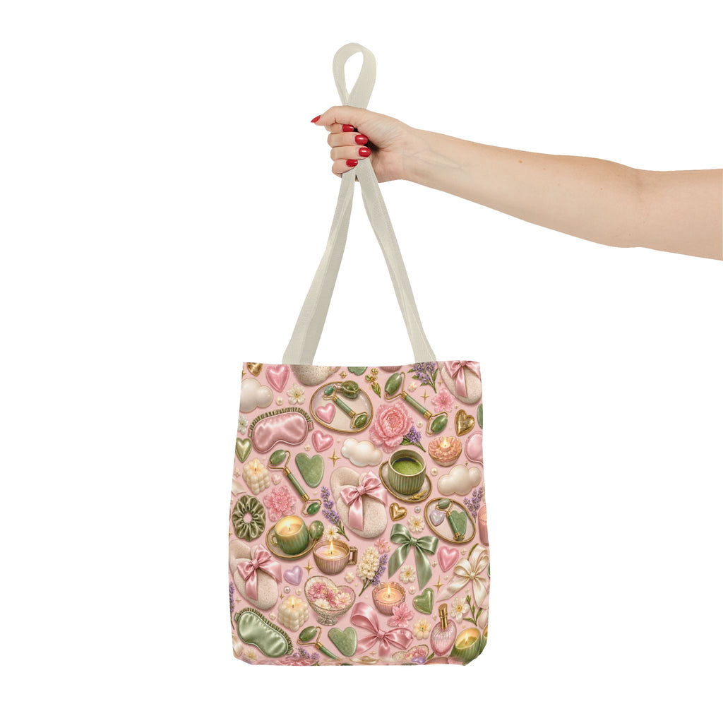 Spa Day Pattern Tote Bag – Pink Self-Care AOP Tote with Tea, Candles & Masks