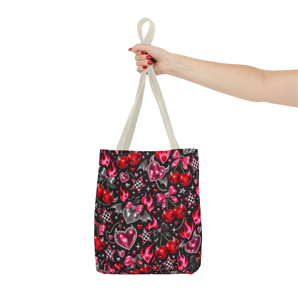 Cherry Hearts Pattern Tote Bag — Retro Kawaii Flaming Hearts & Bows AOP Tote