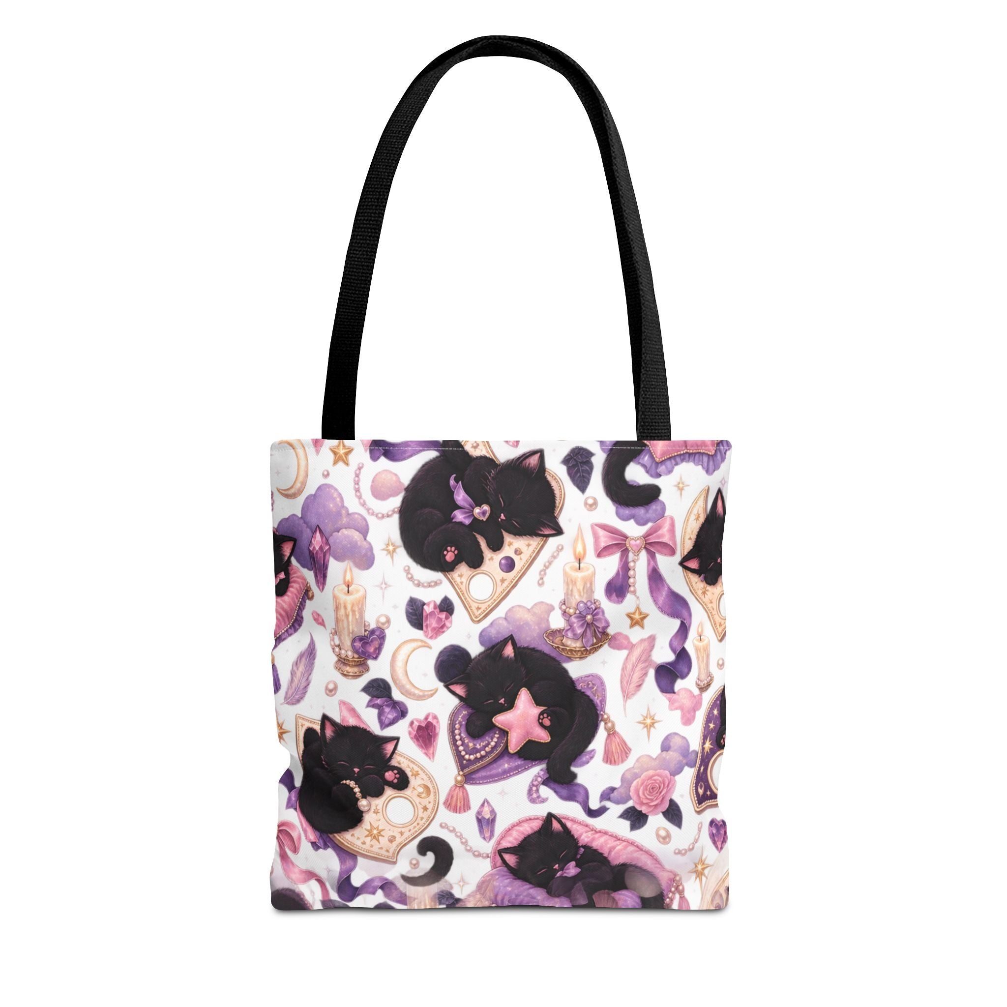 Magical Black Cat Pattern Tote Bag – Cute Witchy Moon & Stars All-Over Print