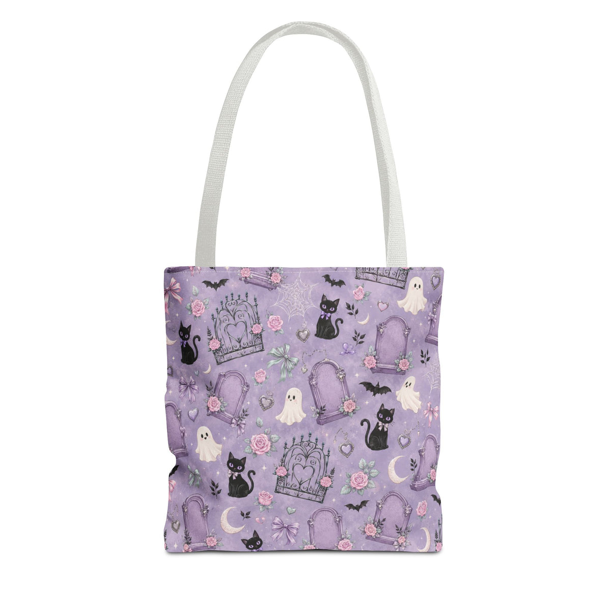 Kawaii Cute Ghost & Black Cat Tote Bag – Purple Cemetery Pattern