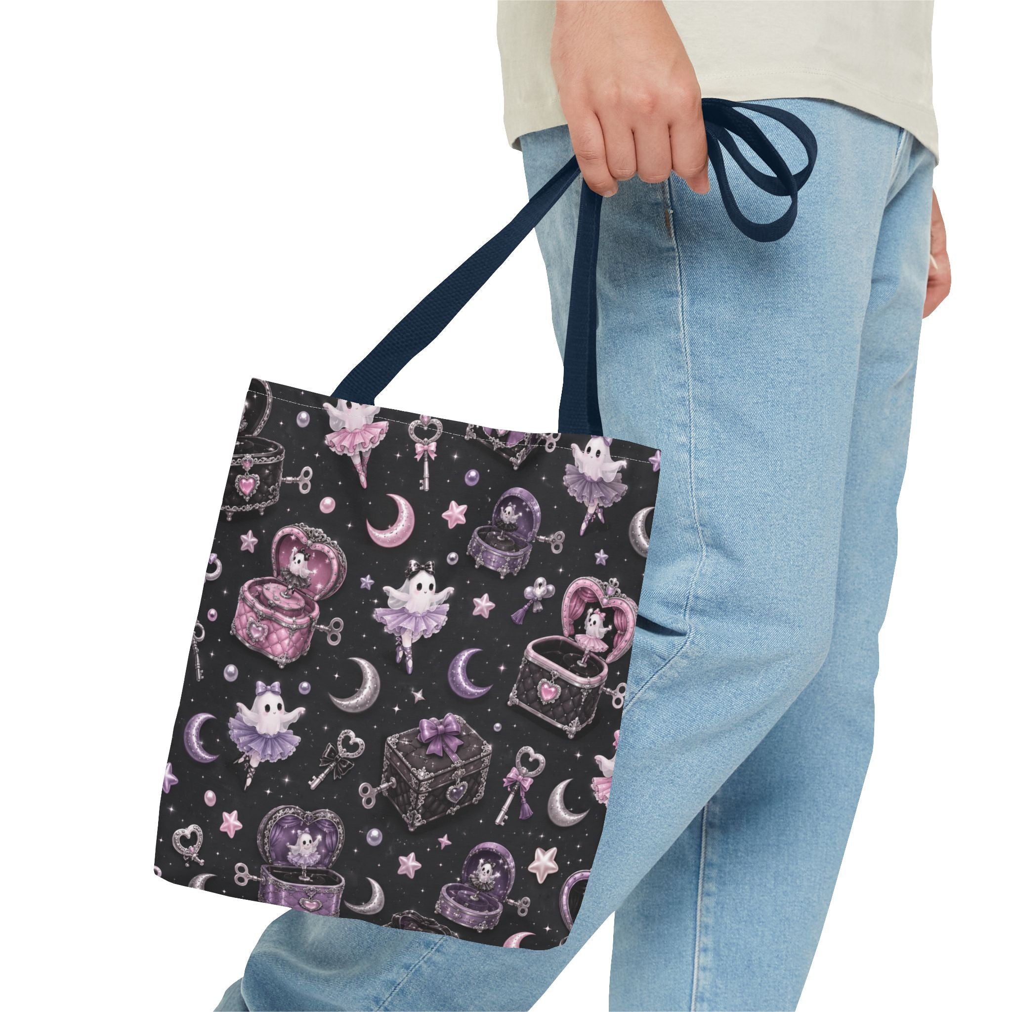 Mystical Kawaii Tote Bag – Cute Ghosts, Moon & Treasures All-Over Print