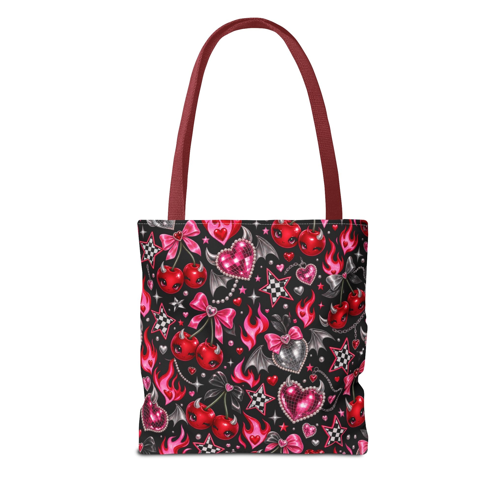 Cherry Hearts Pattern Tote Bag — Retro Kawaii Flaming Hearts & Bows AOP Tote