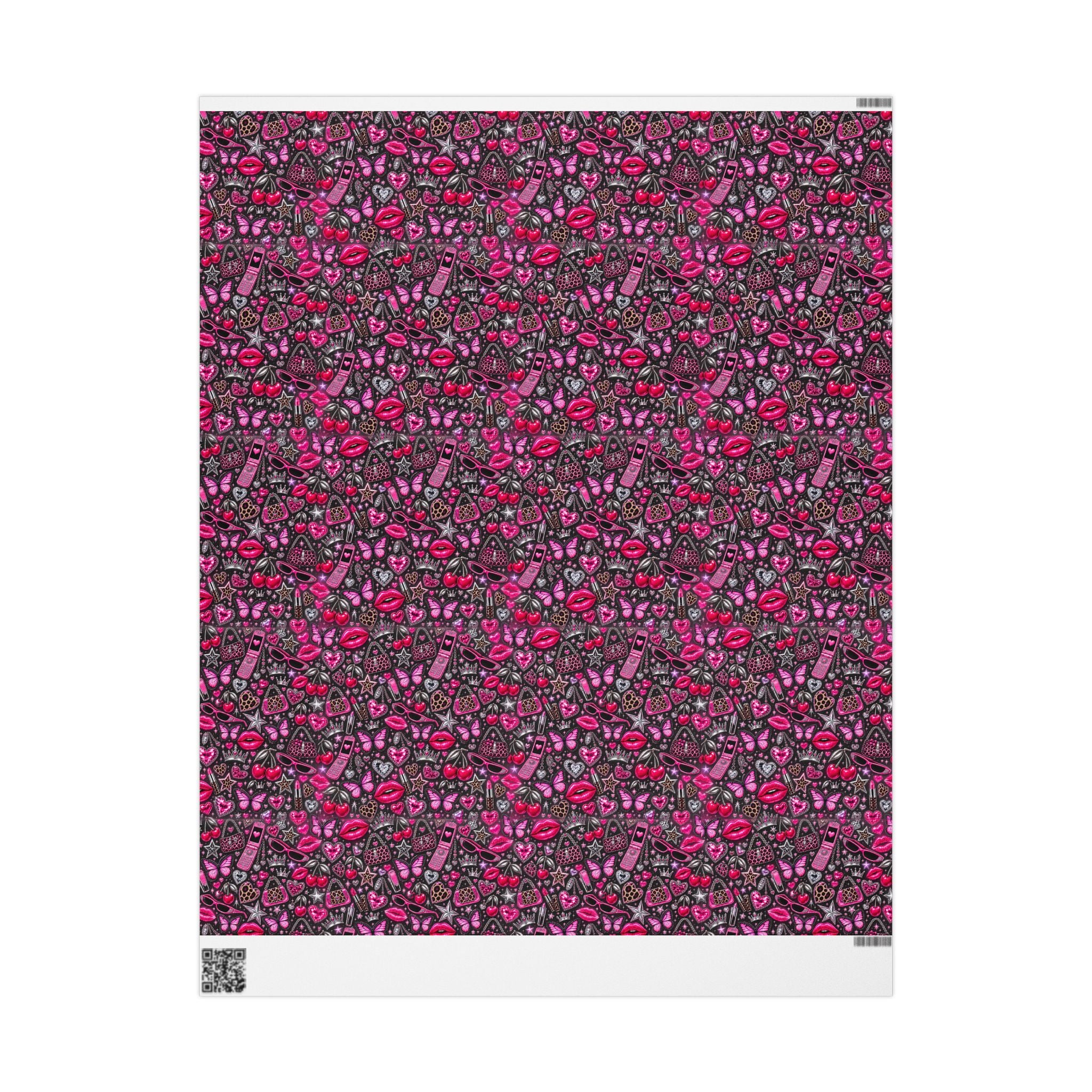 Y2K Hearts & Butterflies Wrapping Paper — Pink Romantic Gift Wrap