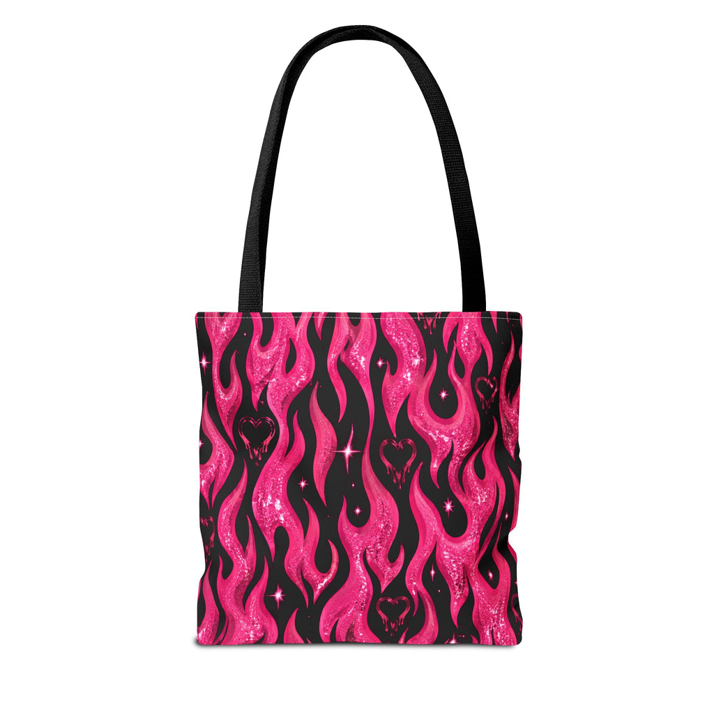Pink Flame Heart Tote Bag — All-Over Print Gothic Flame Pattern