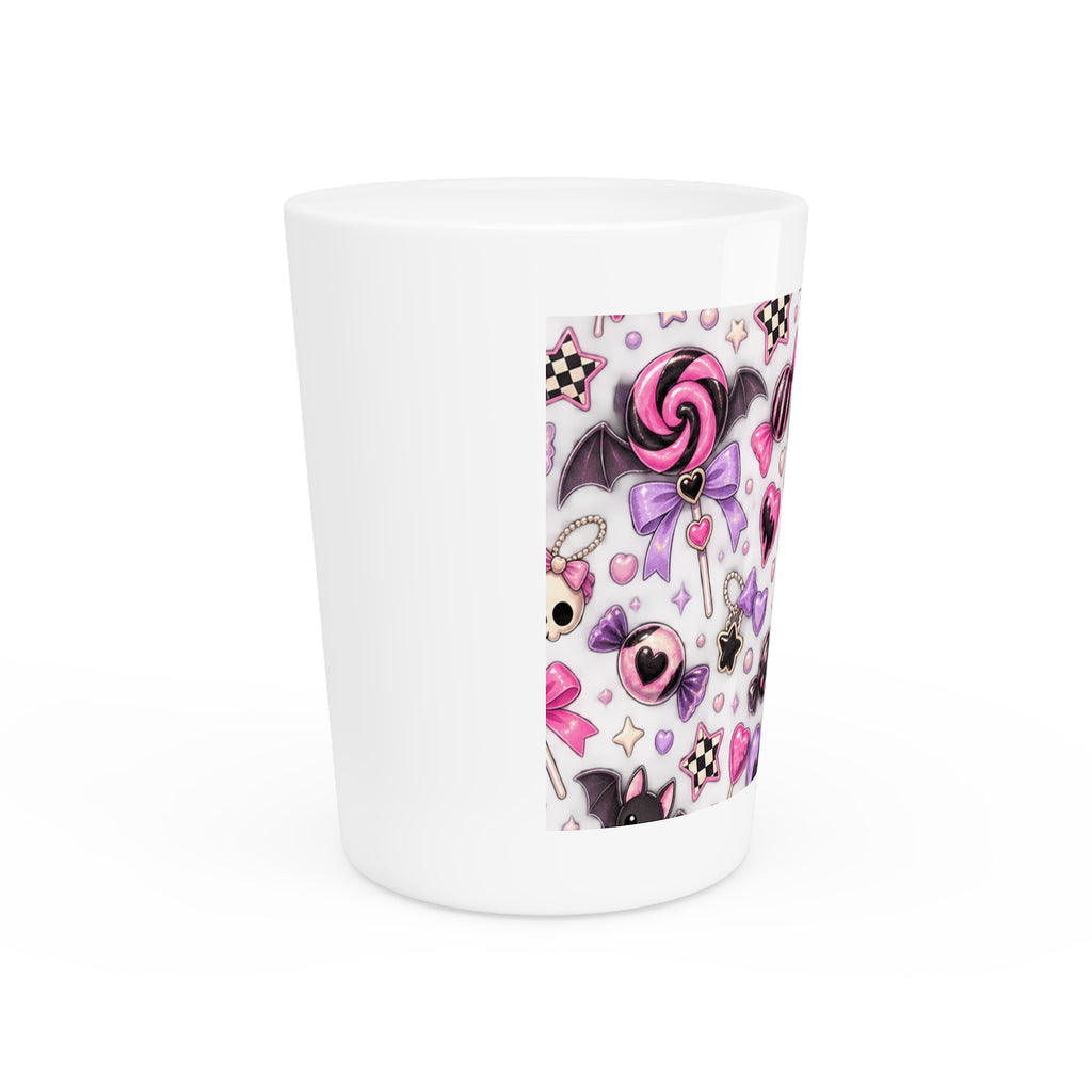 Kawaii Gothic Candy Shot Glass — Pink Bat, Skull & Sweets Design