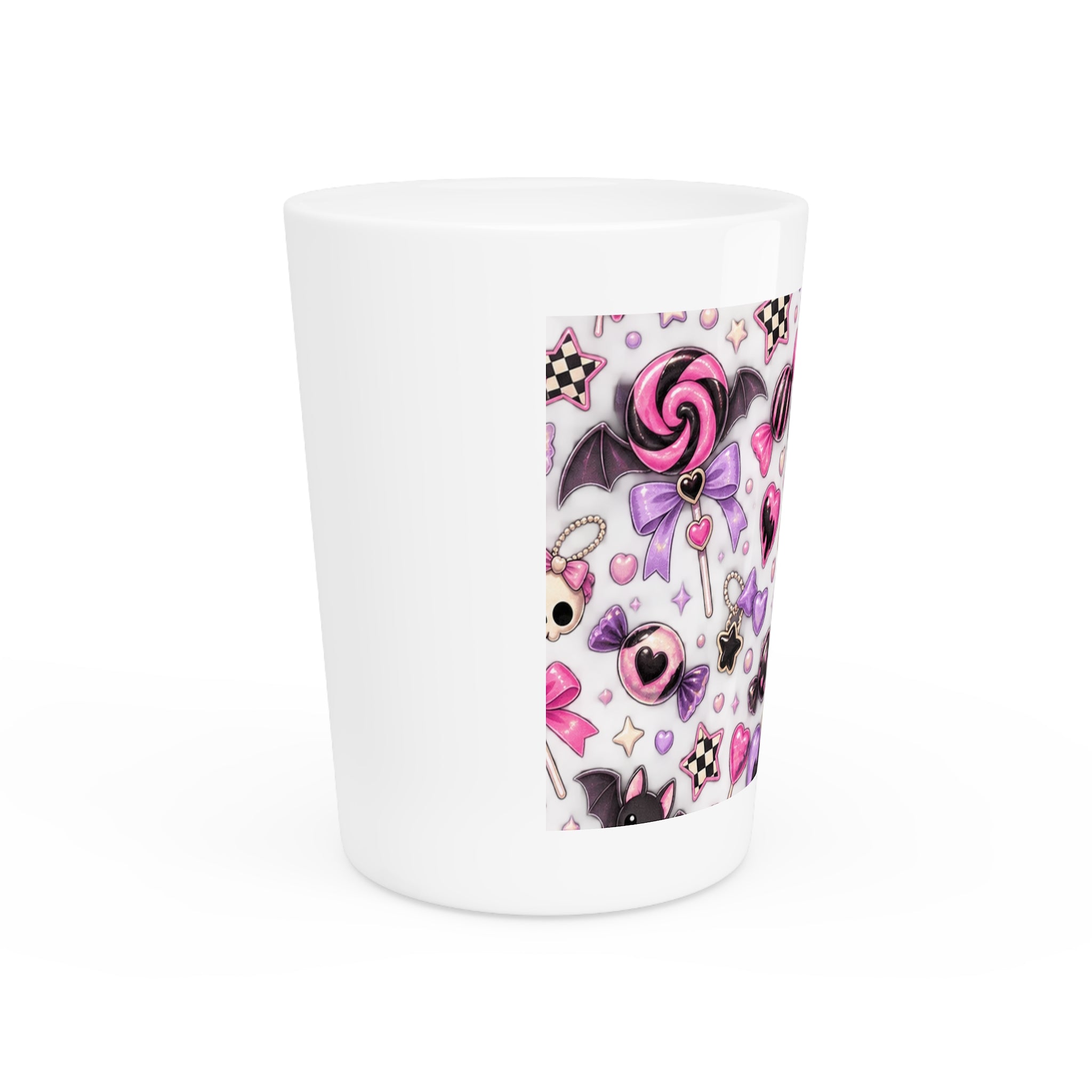 Kawaii Gothic Candy Shot Glass — Pink Bat, Skull & Sweets Design