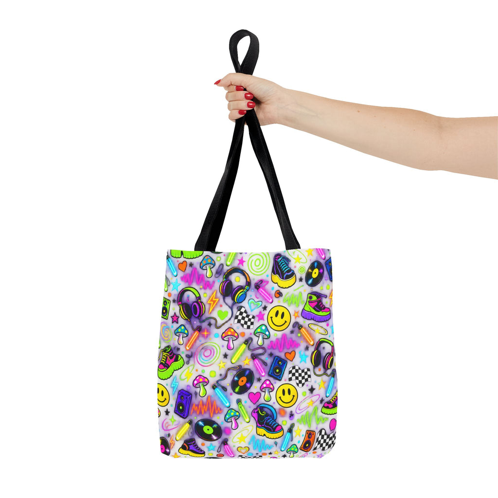 Neon 90s Sticker Collage Tote Bag — Retro Smileys, Records & Psychedelic Icons AOP