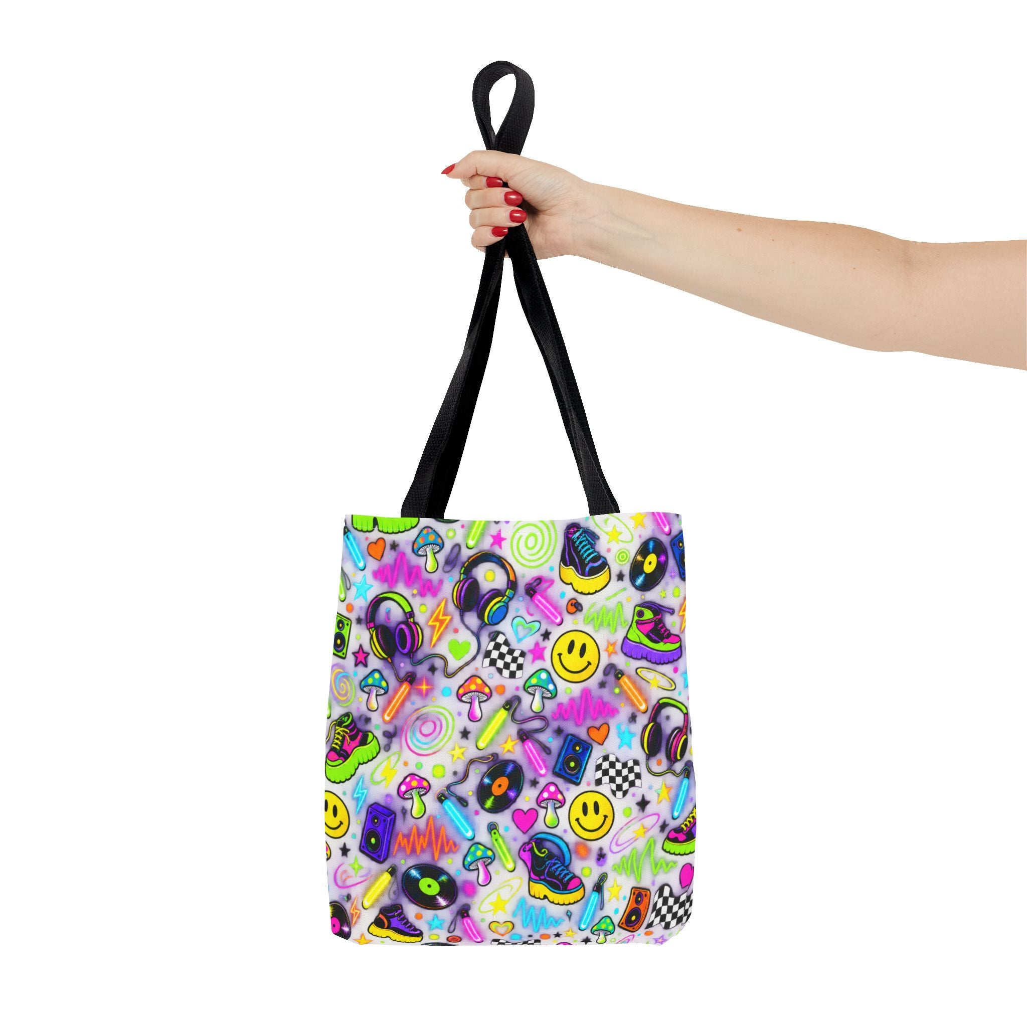 Neon 90s Sticker Collage Tote Bag — Retro Smileys, Records & Psychedelic Icons AOP