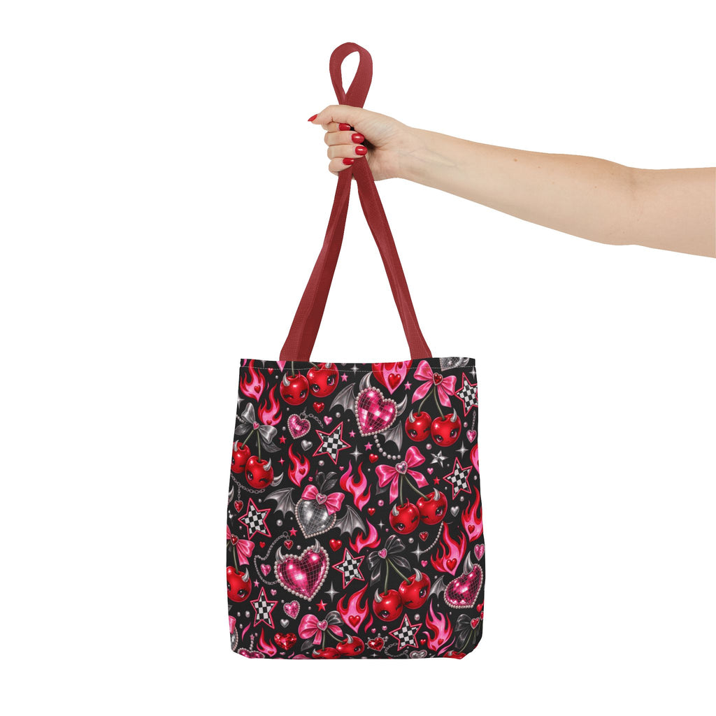 Cherry Hearts Pattern Tote Bag — Retro Kawaii Flaming Hearts & Bows AOP Tote